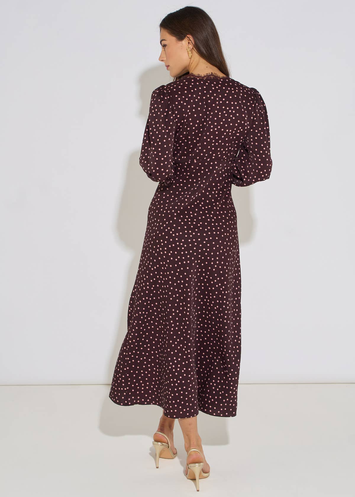 Chocolate Polka Lace Trim Midi Dress
