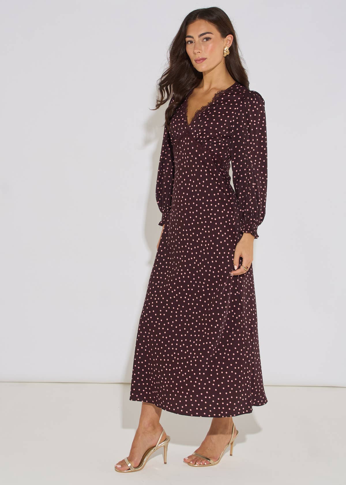 Chocolate Polka Lace Trim Midi Dress