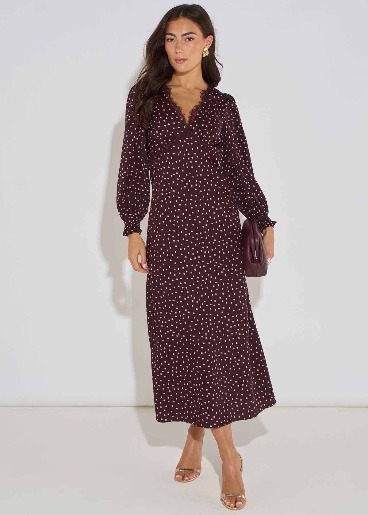 Chocolate Polka Lace Trim Midi Dress