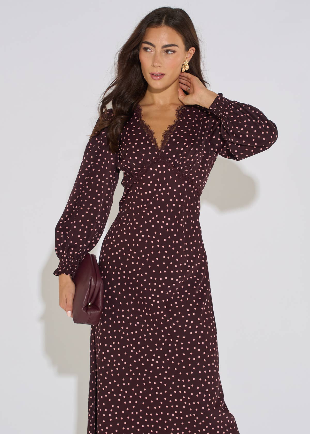 Chocolate Polka Lace Trim Midi Dress