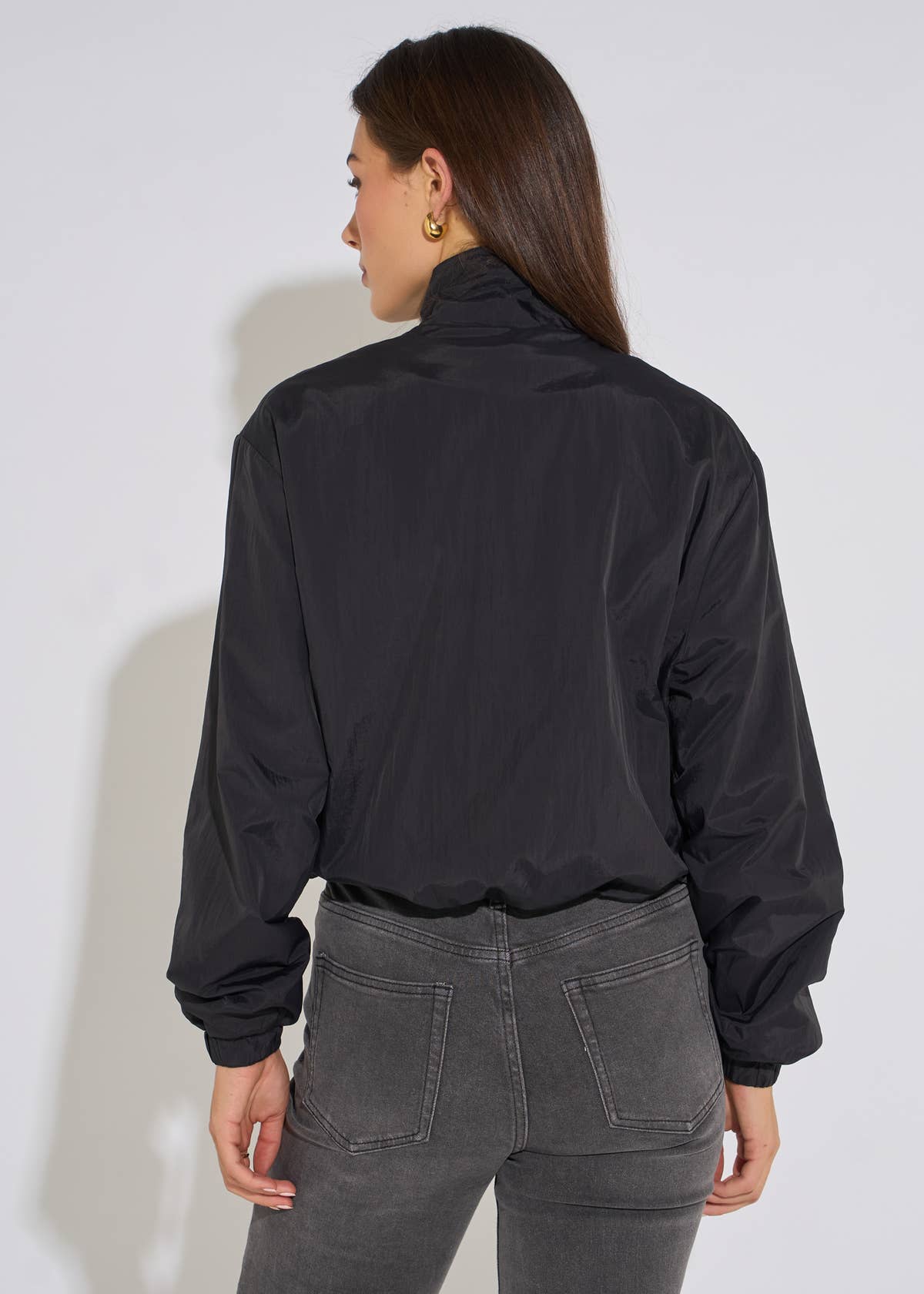 Black Funnel Neck Windbreaker Jacket– View 2 | Gini London