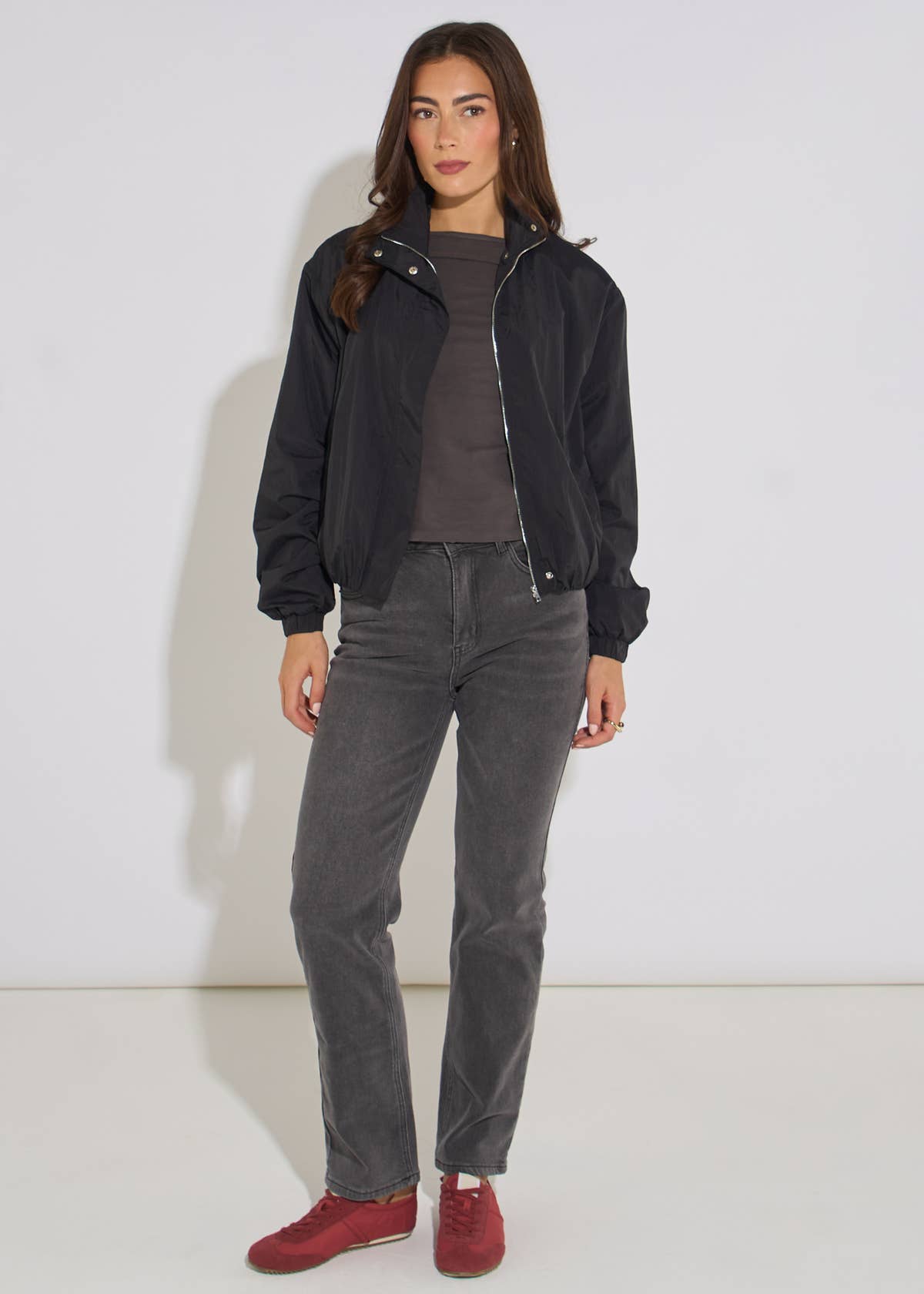Black Funnel Neck Windbreaker Jacket– View 3 | Gini London