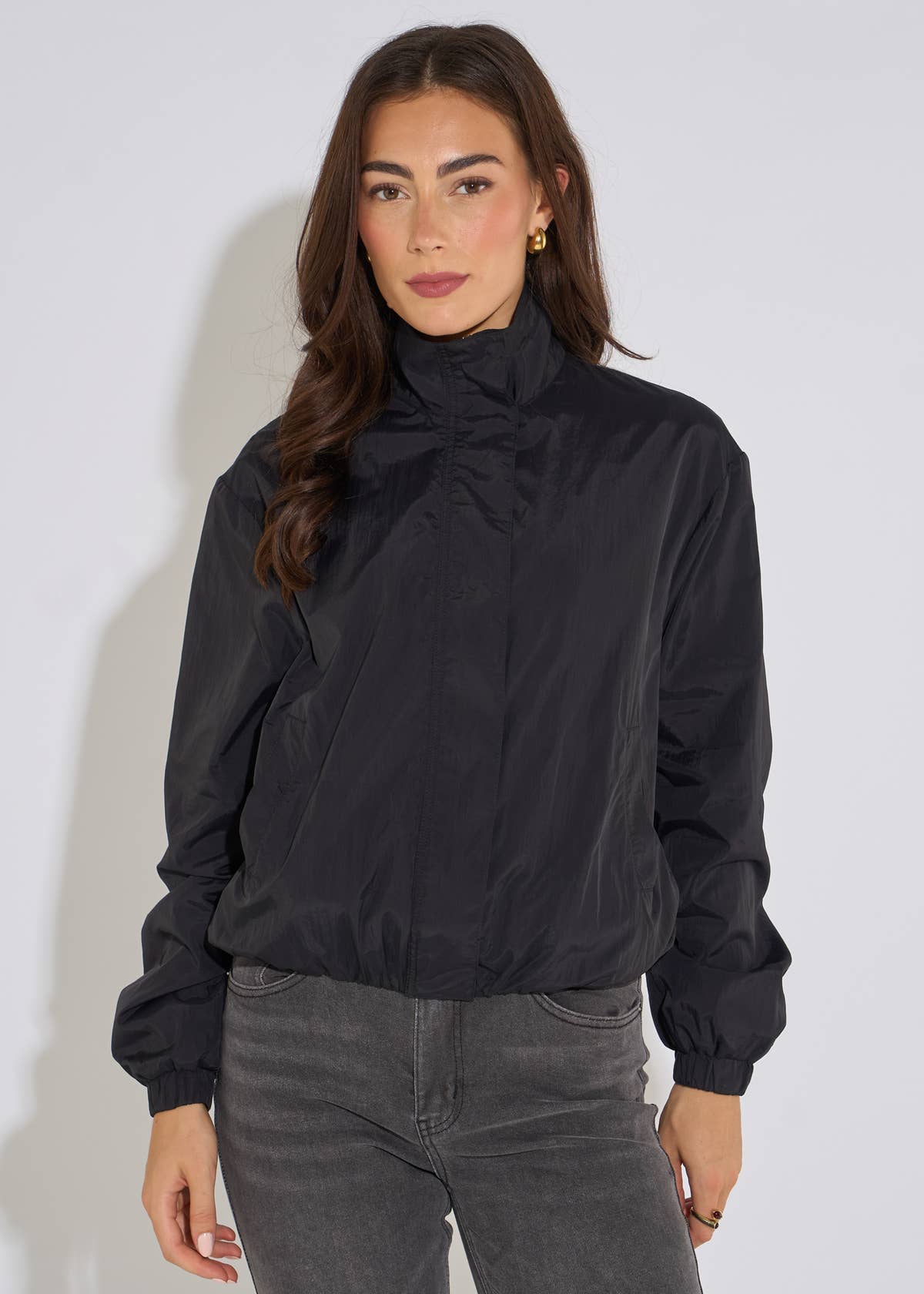 Black Funnel Neck Windbreaker Jacket– View 1 | Gini London
