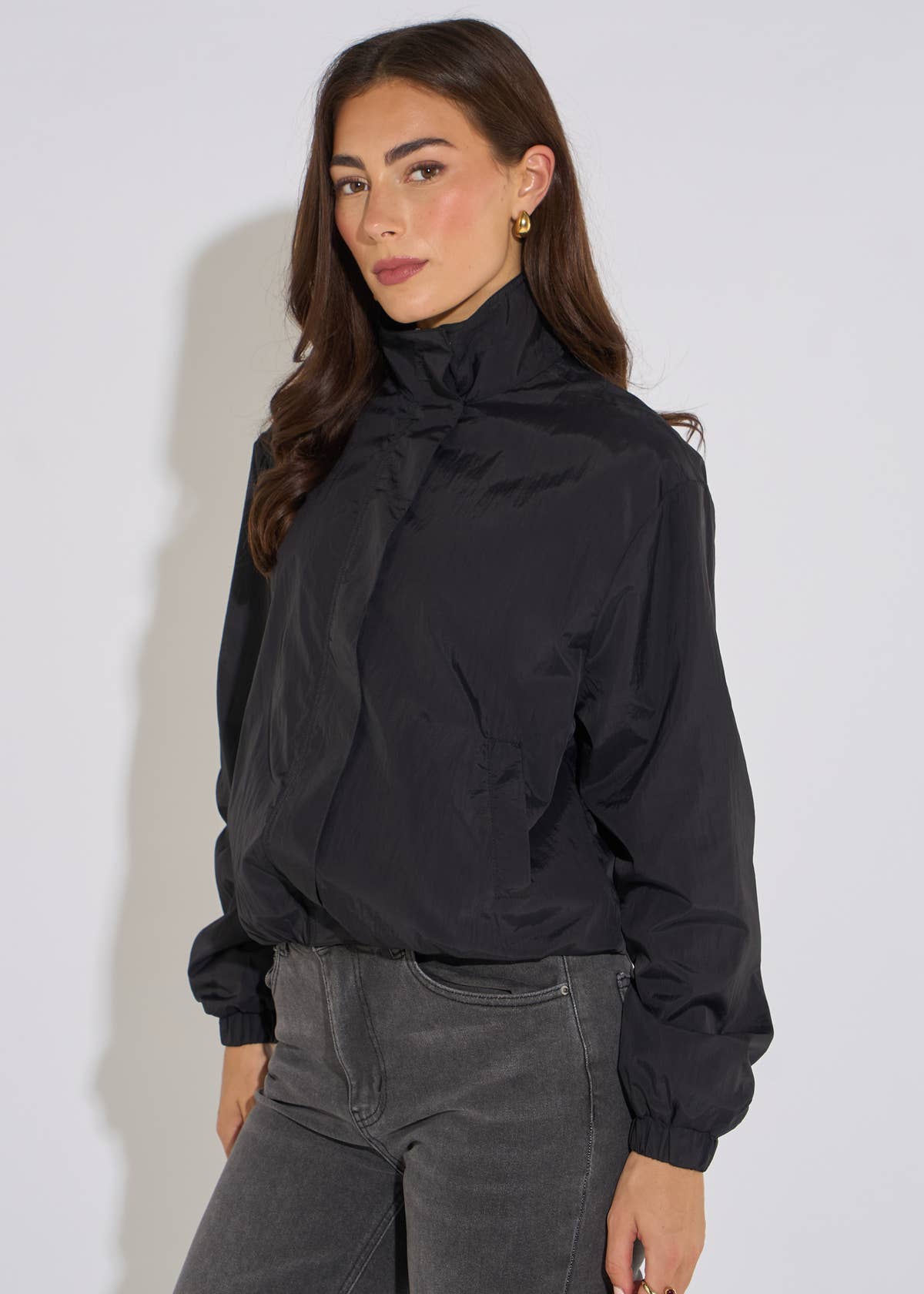 Black Funnel Neck Windbreaker Jacket– View 4 | Gini London