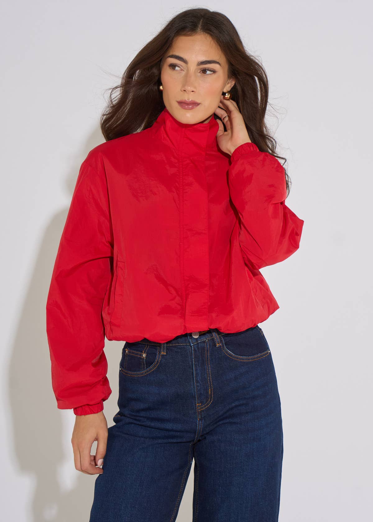 Red Funnel Neck Windbreaker Jacket– View 1 | Gini London