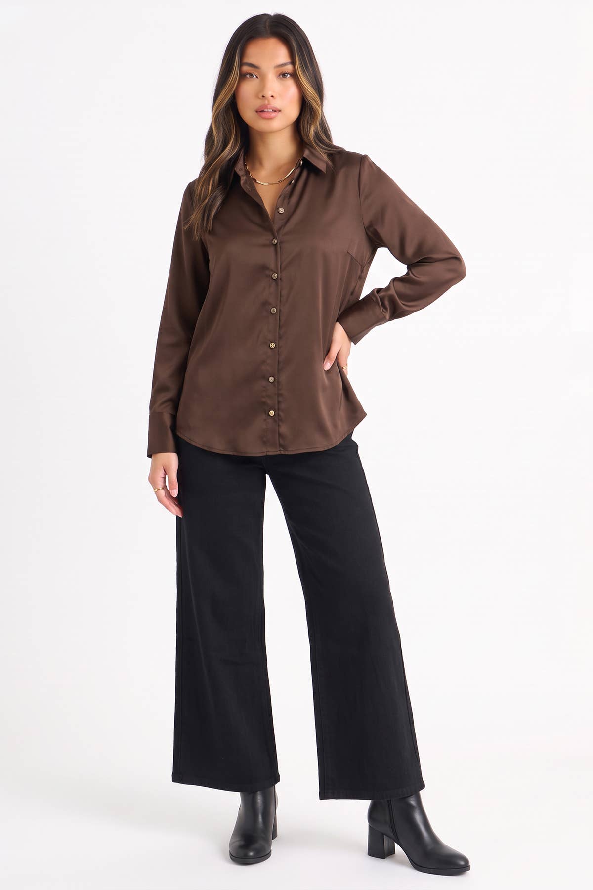 Brown Satin Loose Fit Button Through Shirt– View 3 | Gini London