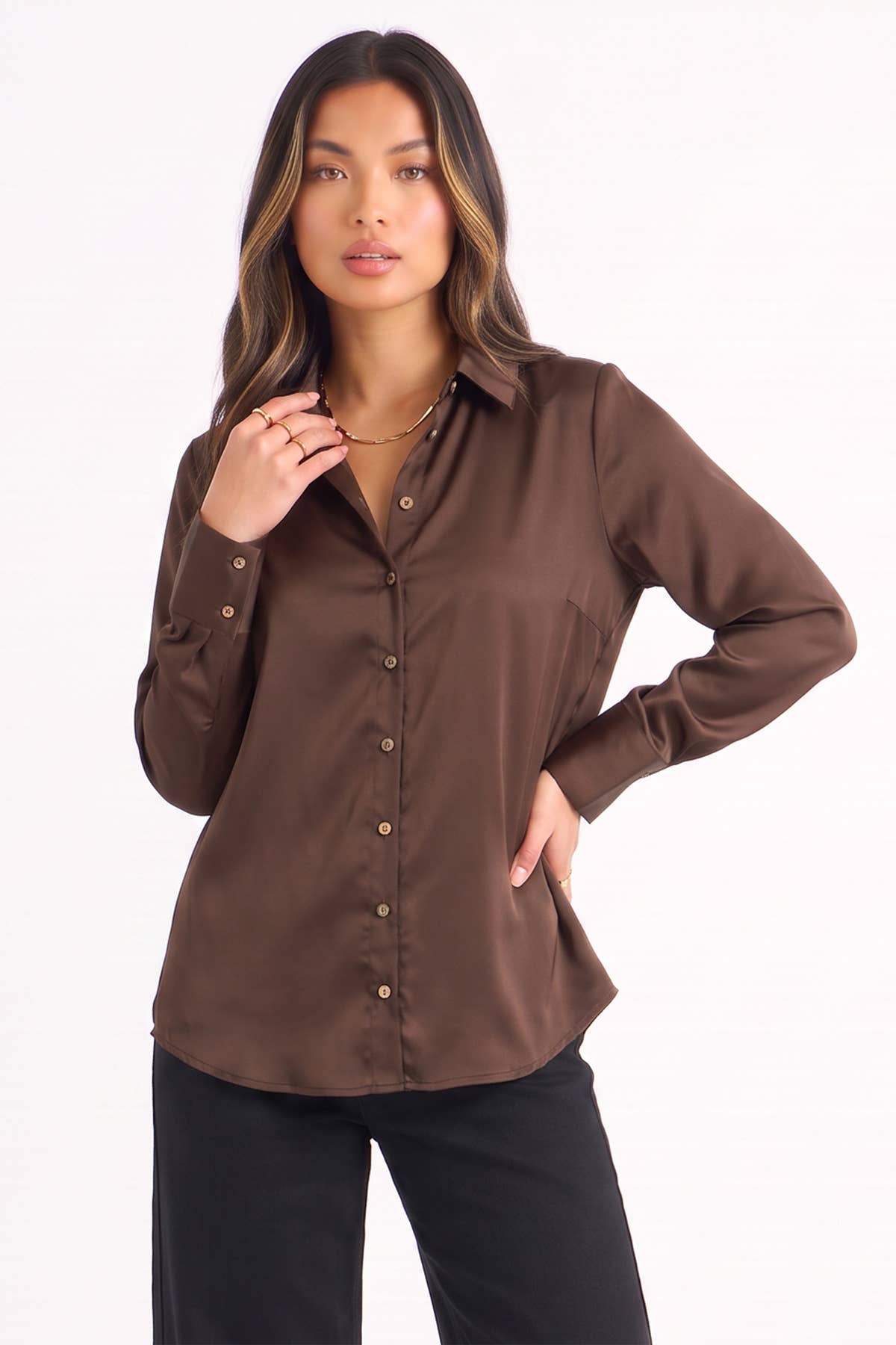 Brown Satin Loose Fit Button Through Shirt– View 1 | Gini London