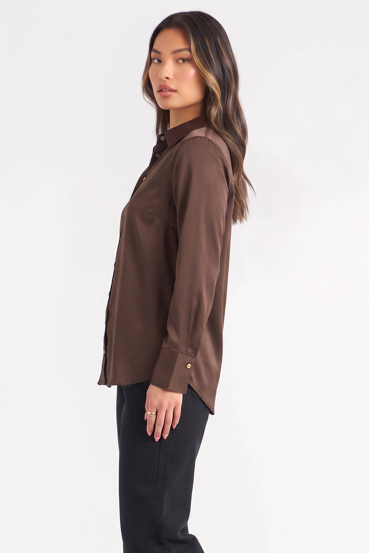 Brown Satin Loose Fit Button Through Shirt– View 4 | Gini London