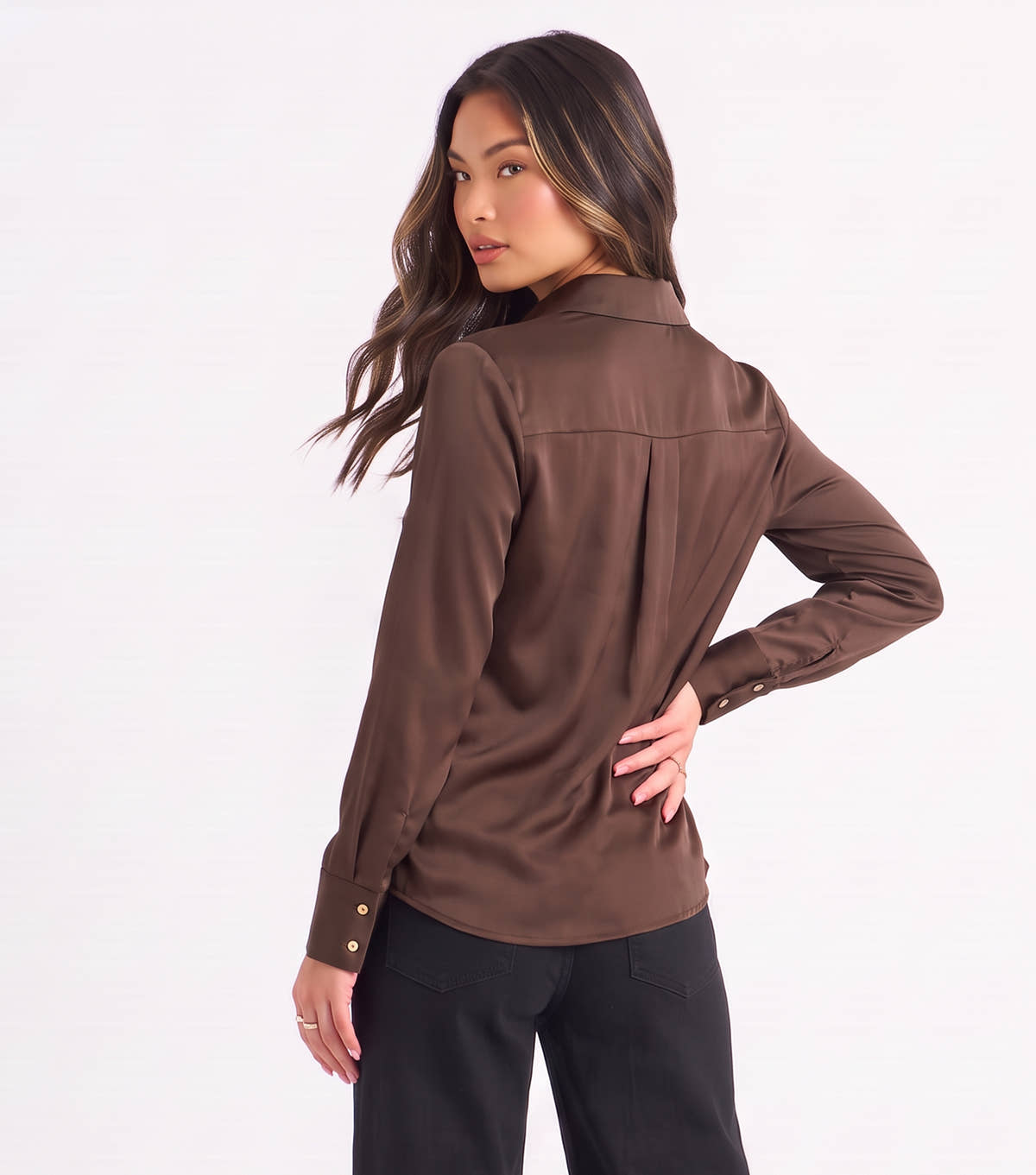 Brown Satin Loose Fit Button Through Shirt– View 2 | Gini London