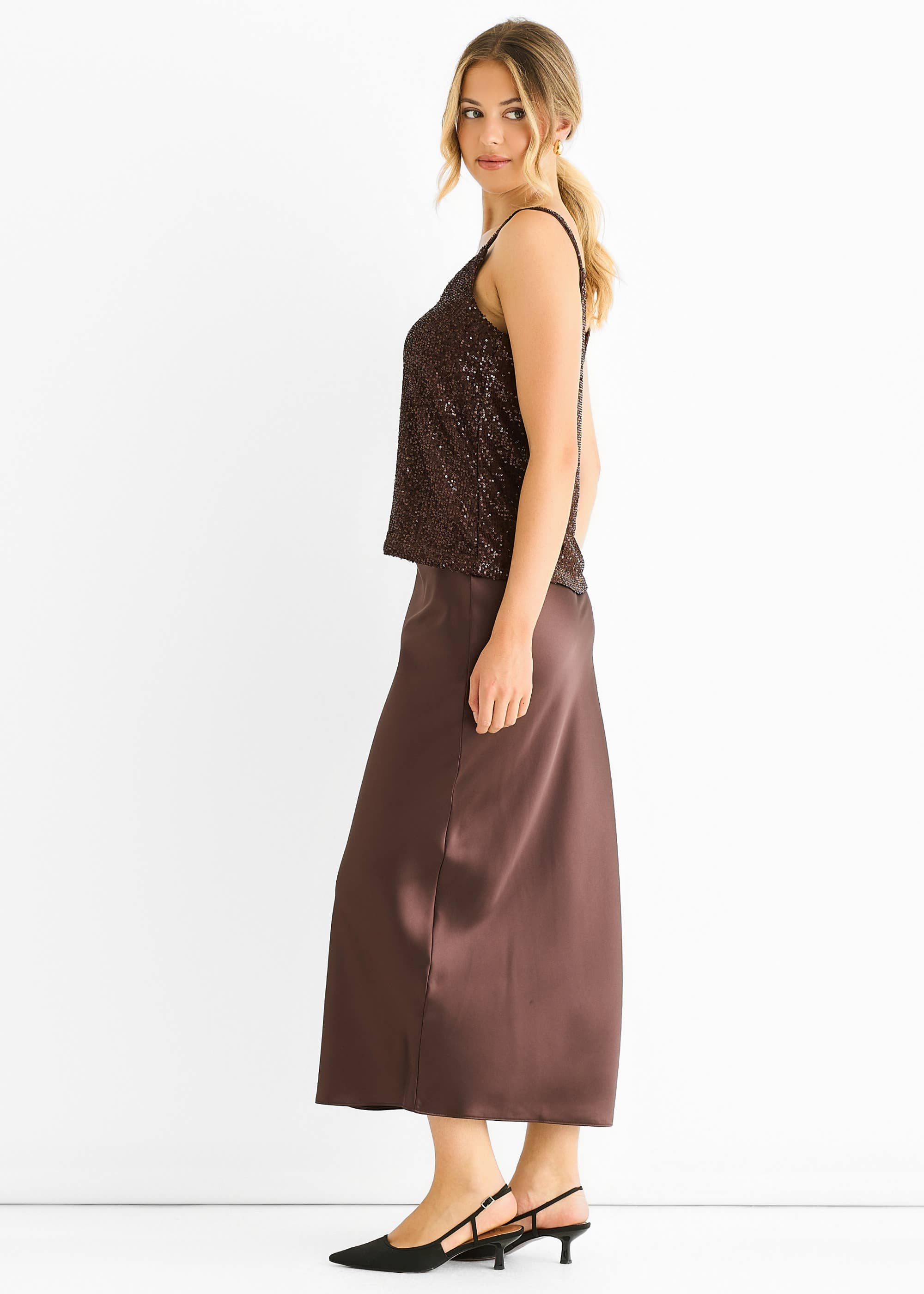 Chocolate Sequin V Neck Cami Top