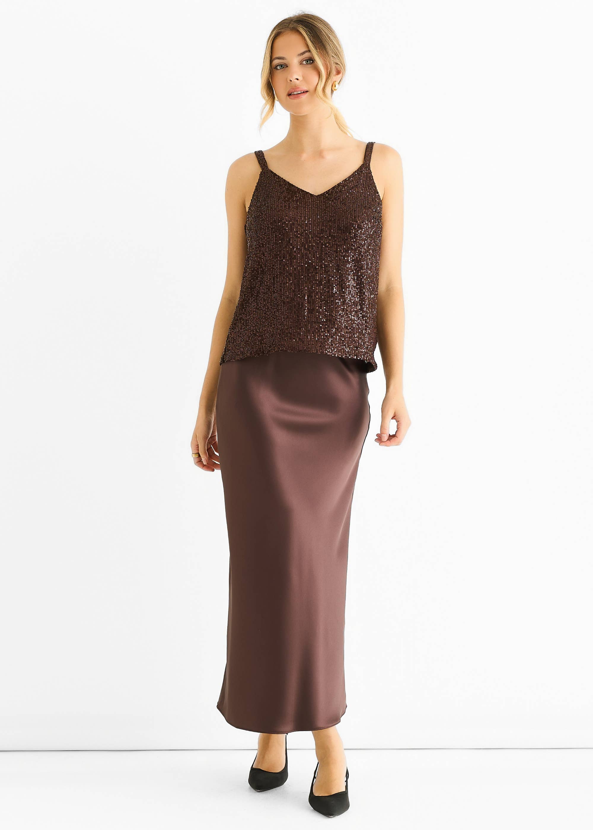 Chocolate Sequin V Neck Cami Top