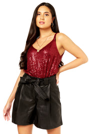 Burgundy Sequin V Neck Cami Top