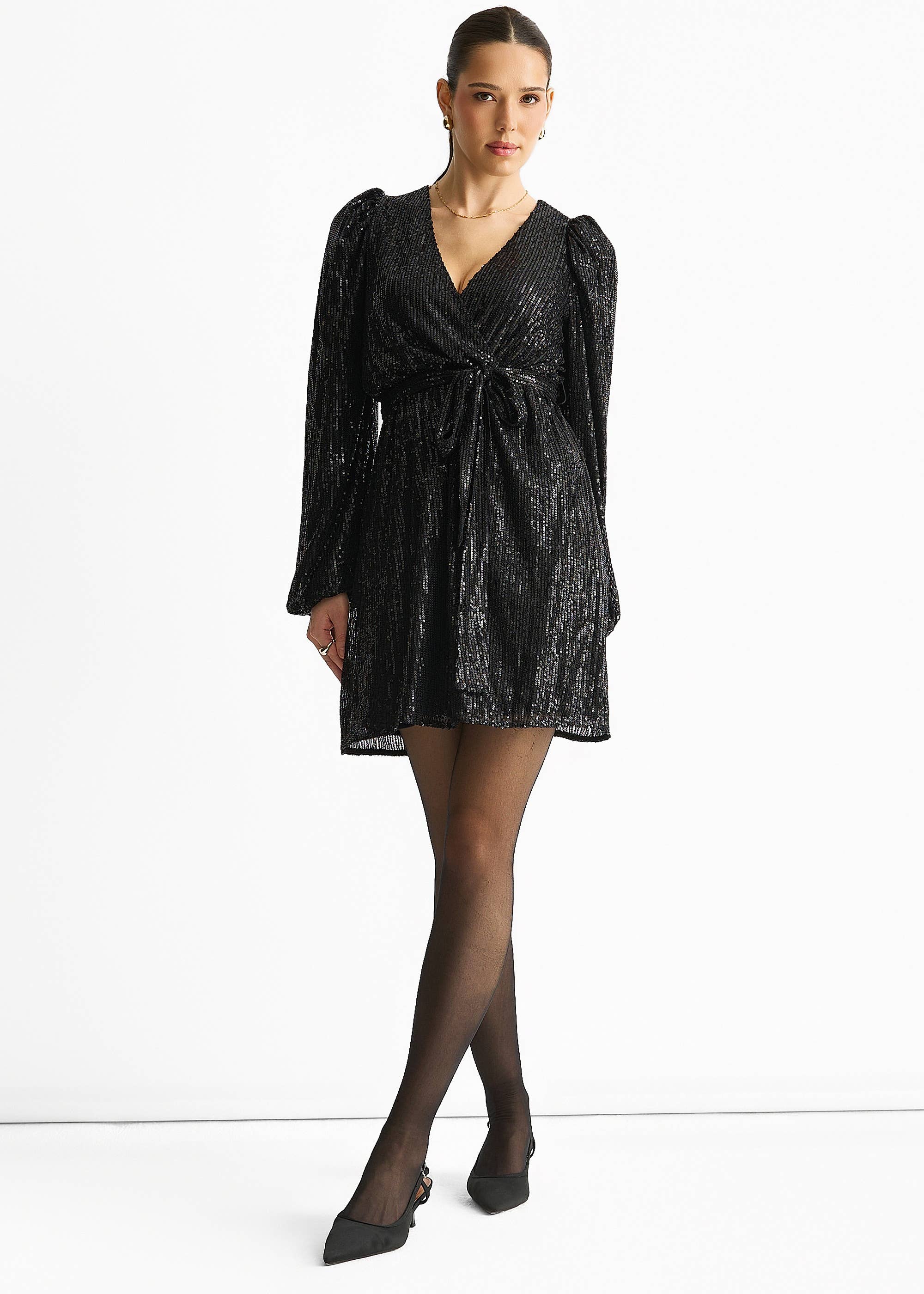 Black Sequin V Neck Belted Mini Dress