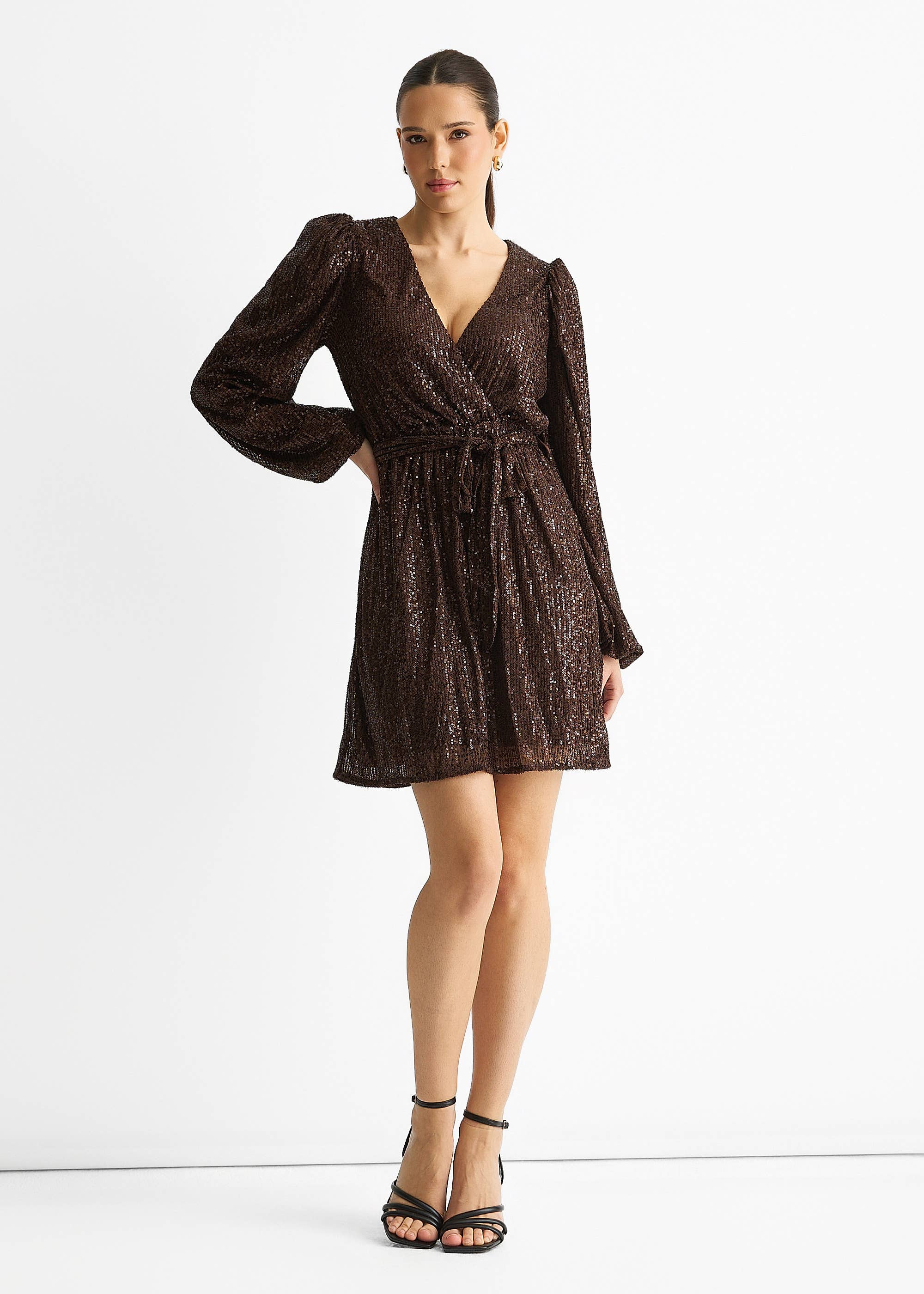 Chocolate Sequin V Neck Belted Mini Dress