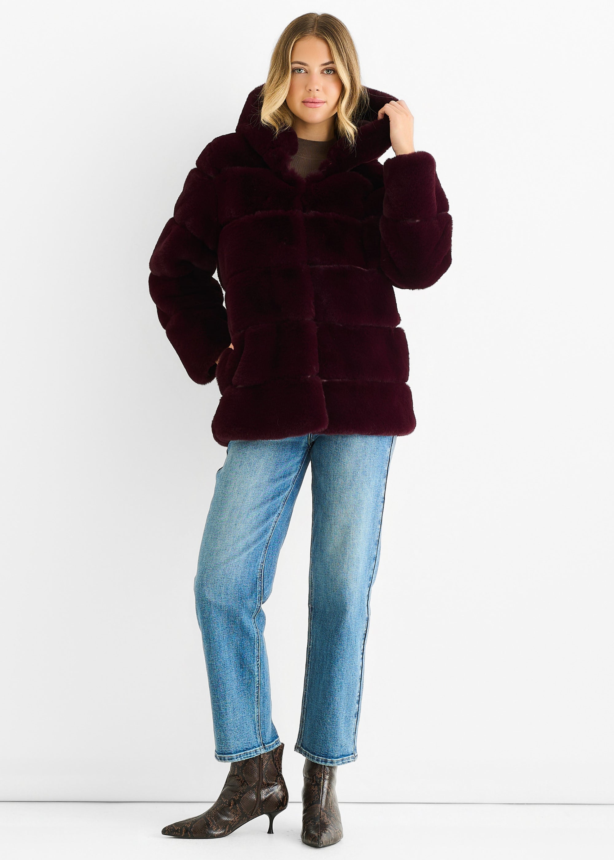 Dark Burgundy Horizontal Cut Fur Hooded Jacket