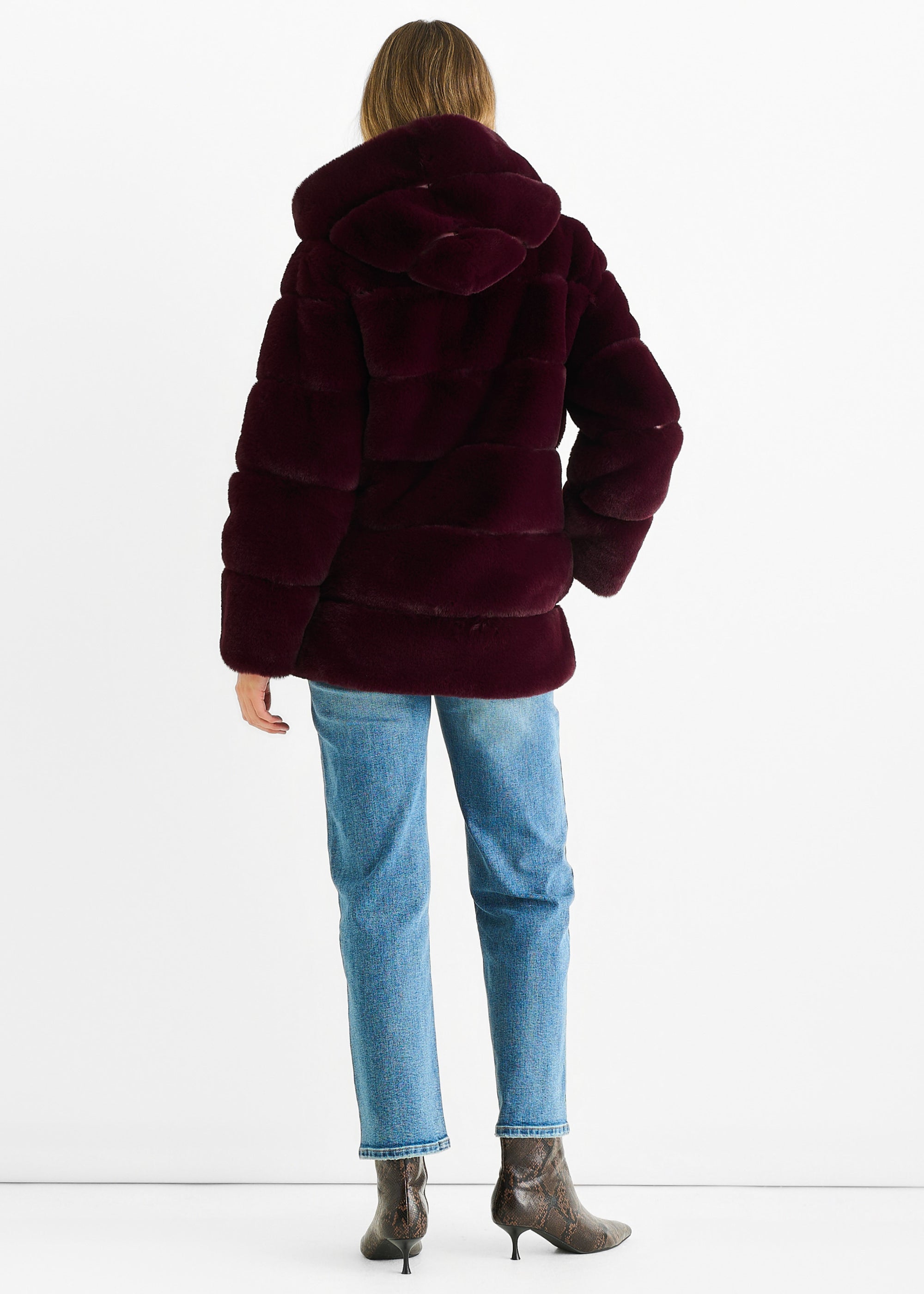 Dark Burgundy Horizontal Cut Fur Hooded Jacket