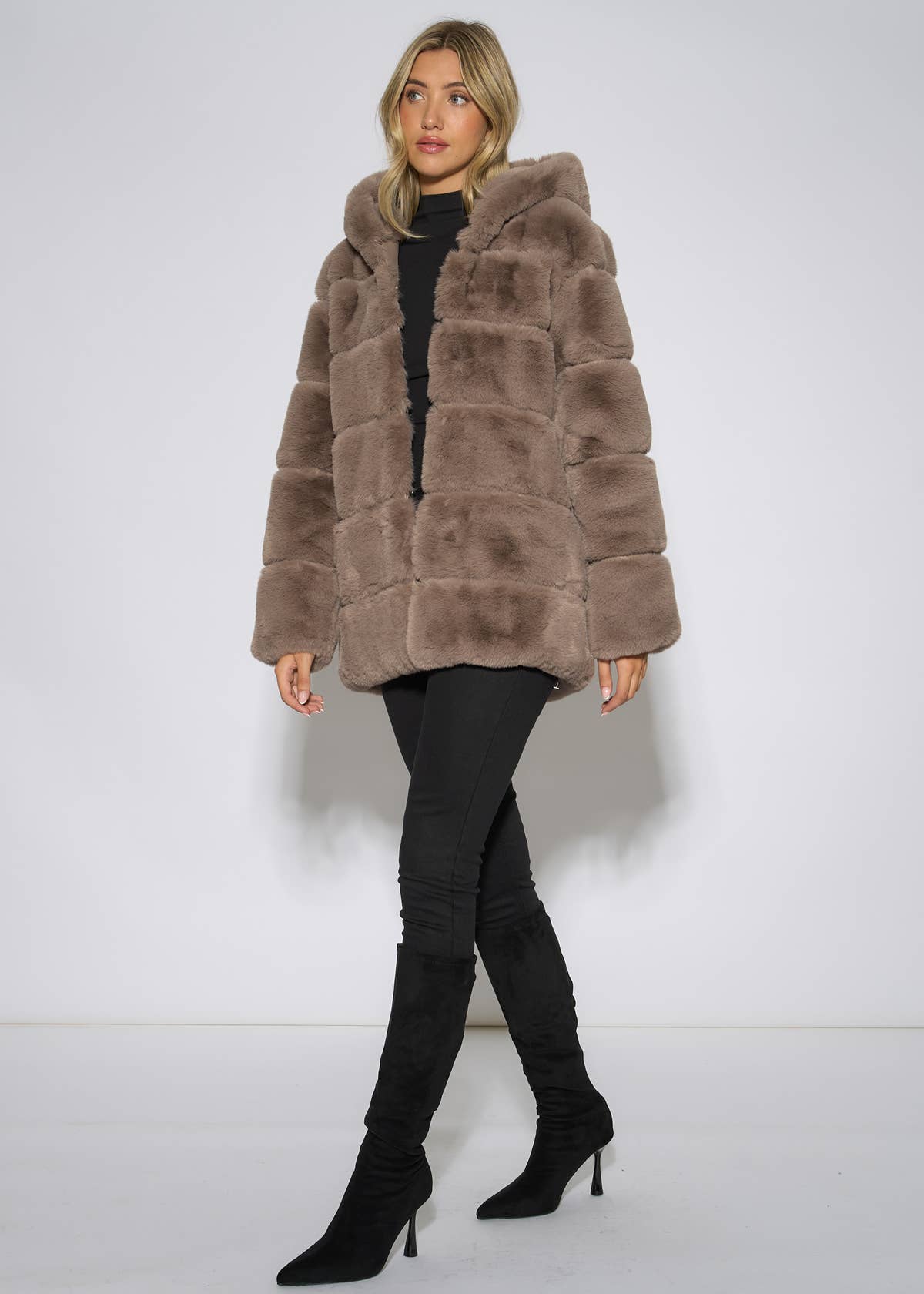 Mocha Horizontal Cut Fur Hooded Jacket – View 4 | Gini London