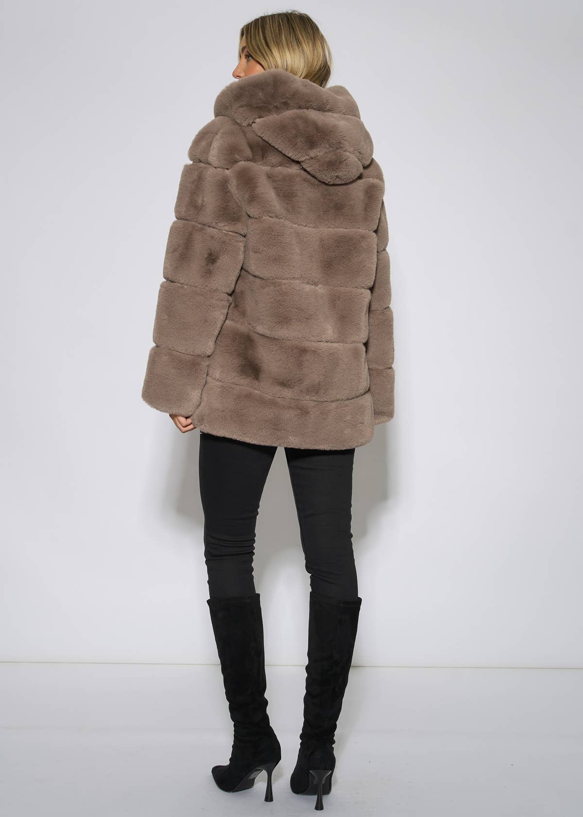 Mocha Horizontal Cut Fur Hooded Jacket – View 2 | Gini London