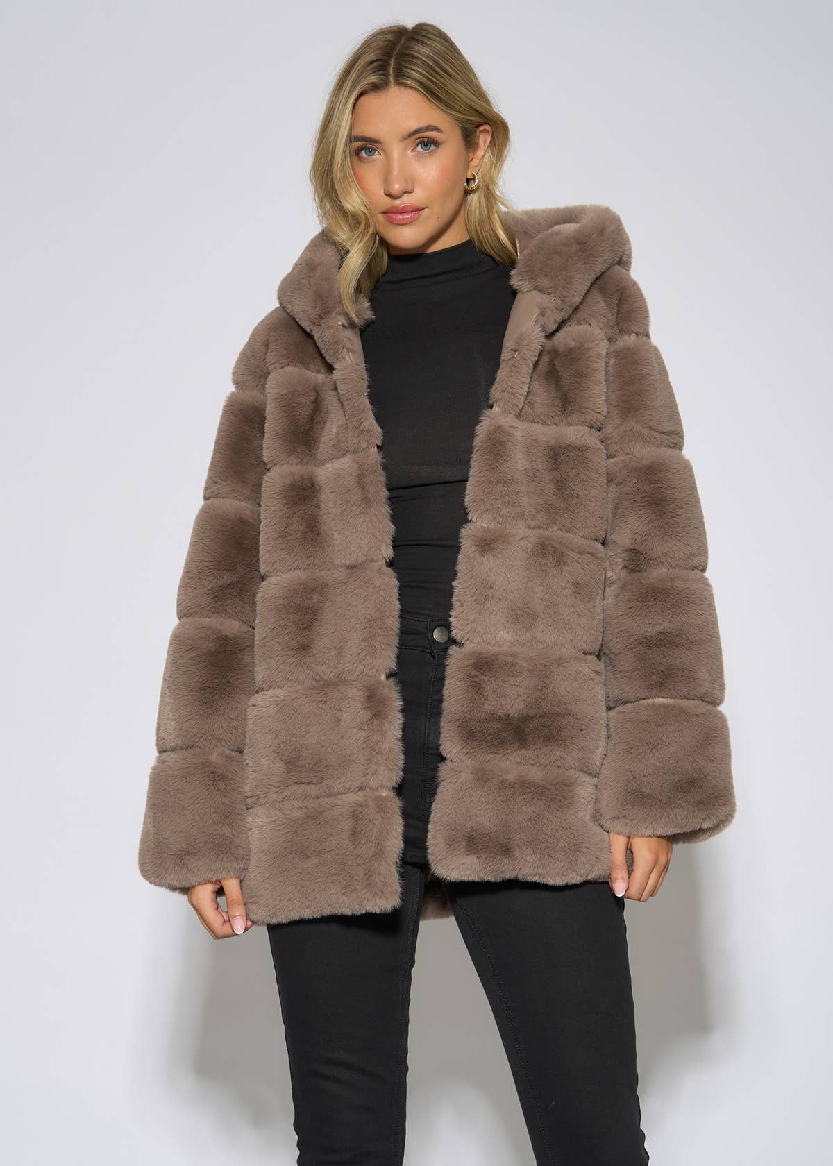 Mocha Horizontal Cut Fur Hooded Jacket – View 1 | Gini London