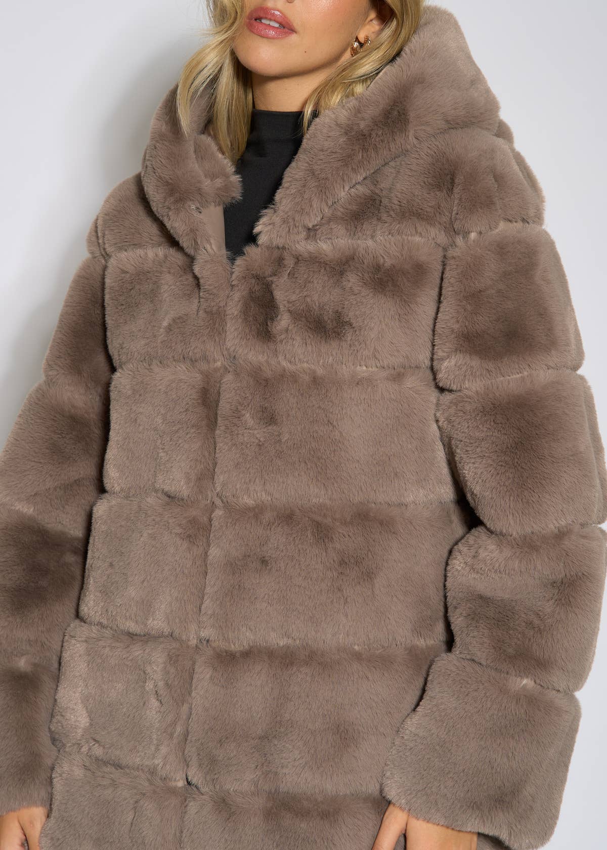 Mocha Horizontal Cut Fur Hooded Jacket – View 3 | Gini London