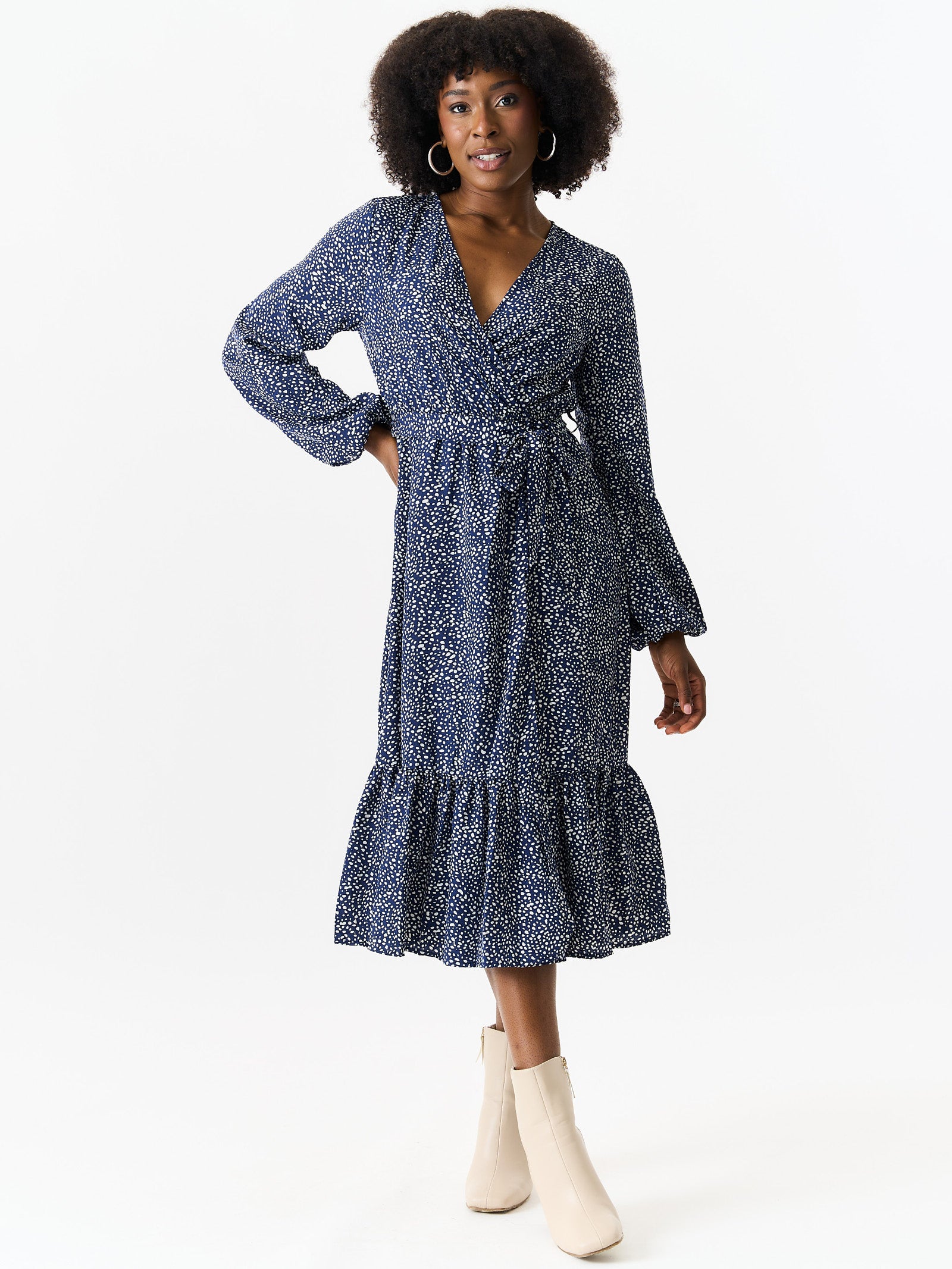 Navy Animal Printed Long Sleeve Split Detail Midi Wrap Dress