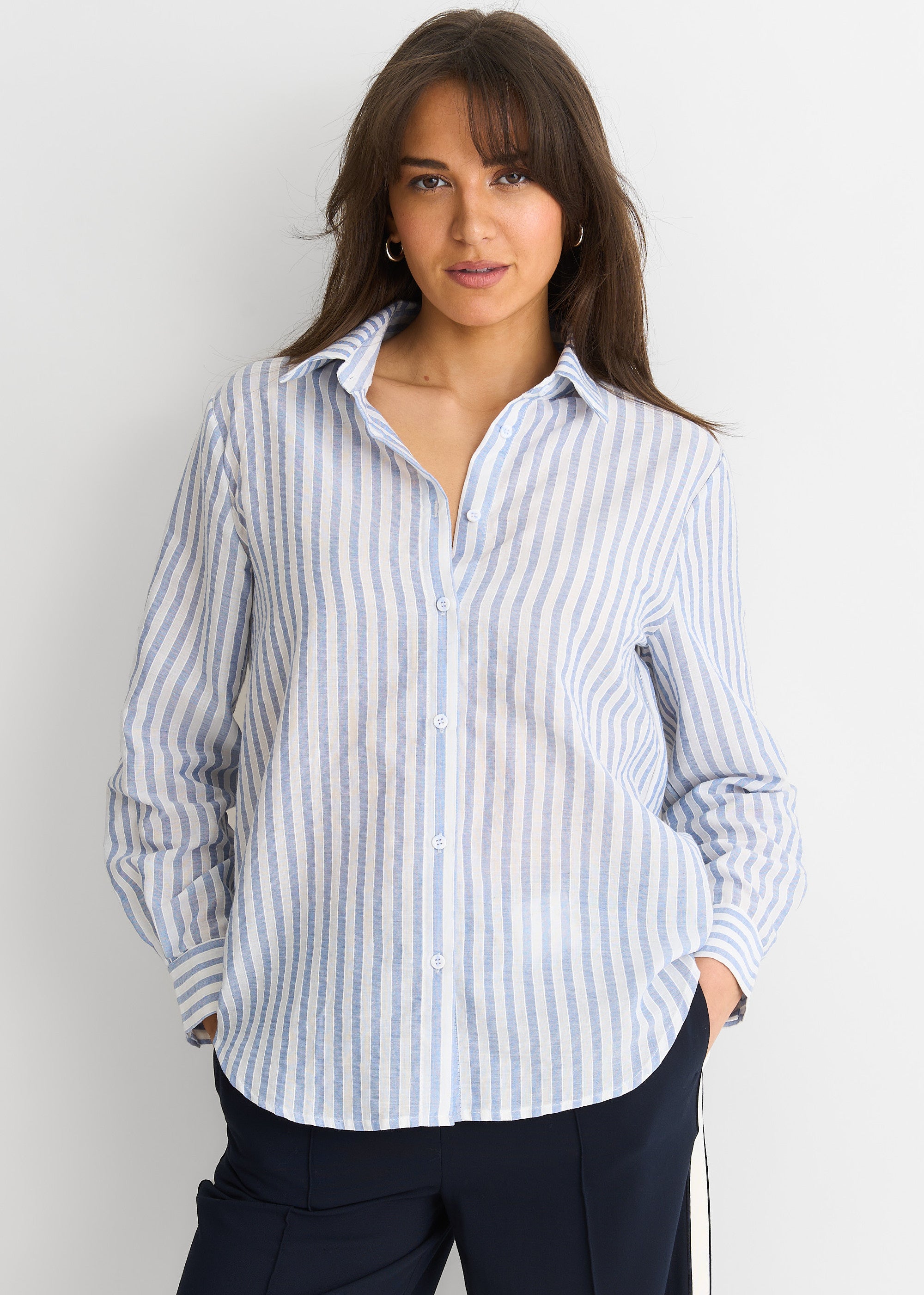 Blue Linen Oversized Stripe Shirt