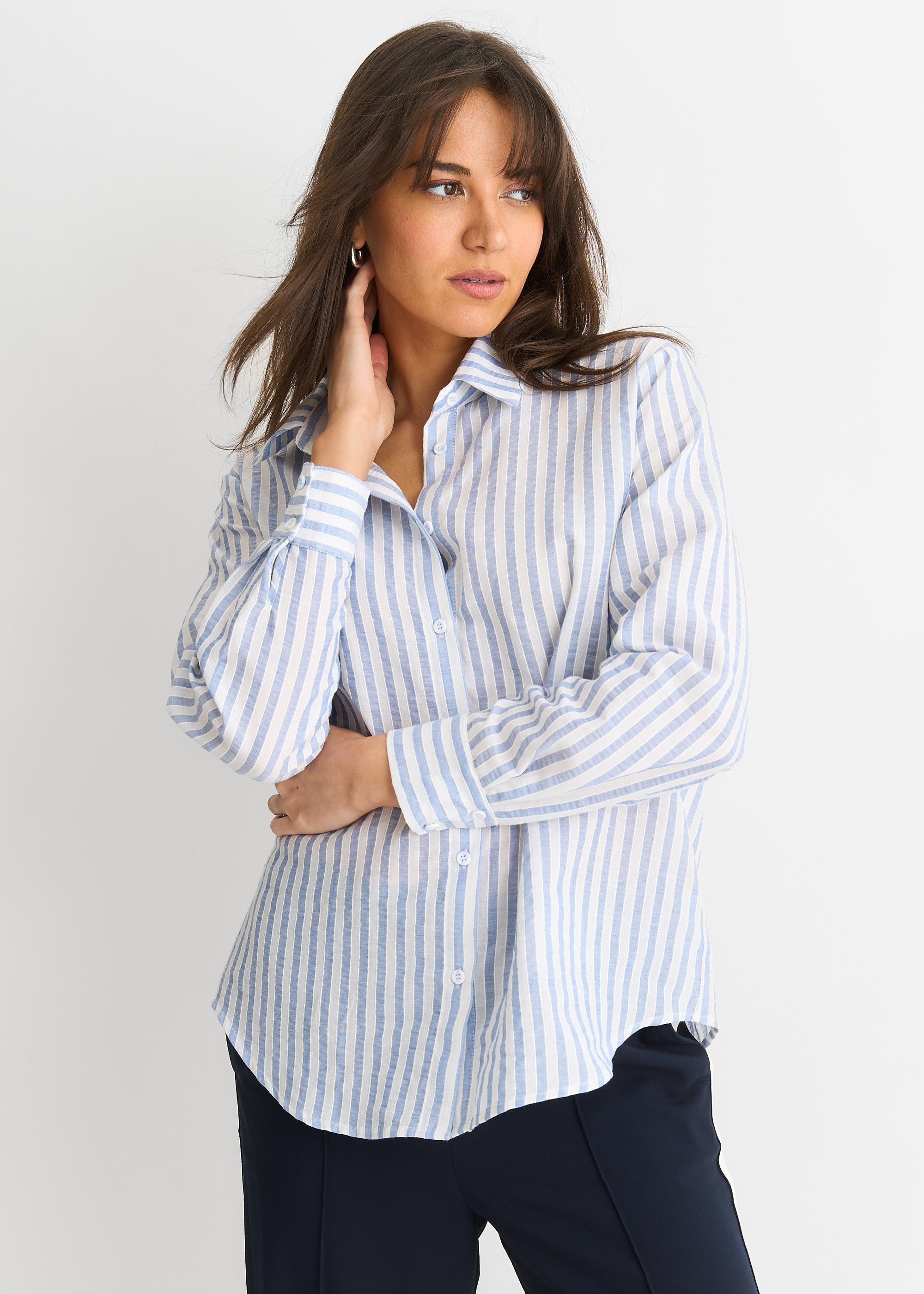 Blue Linen Oversized Stripe Shirt