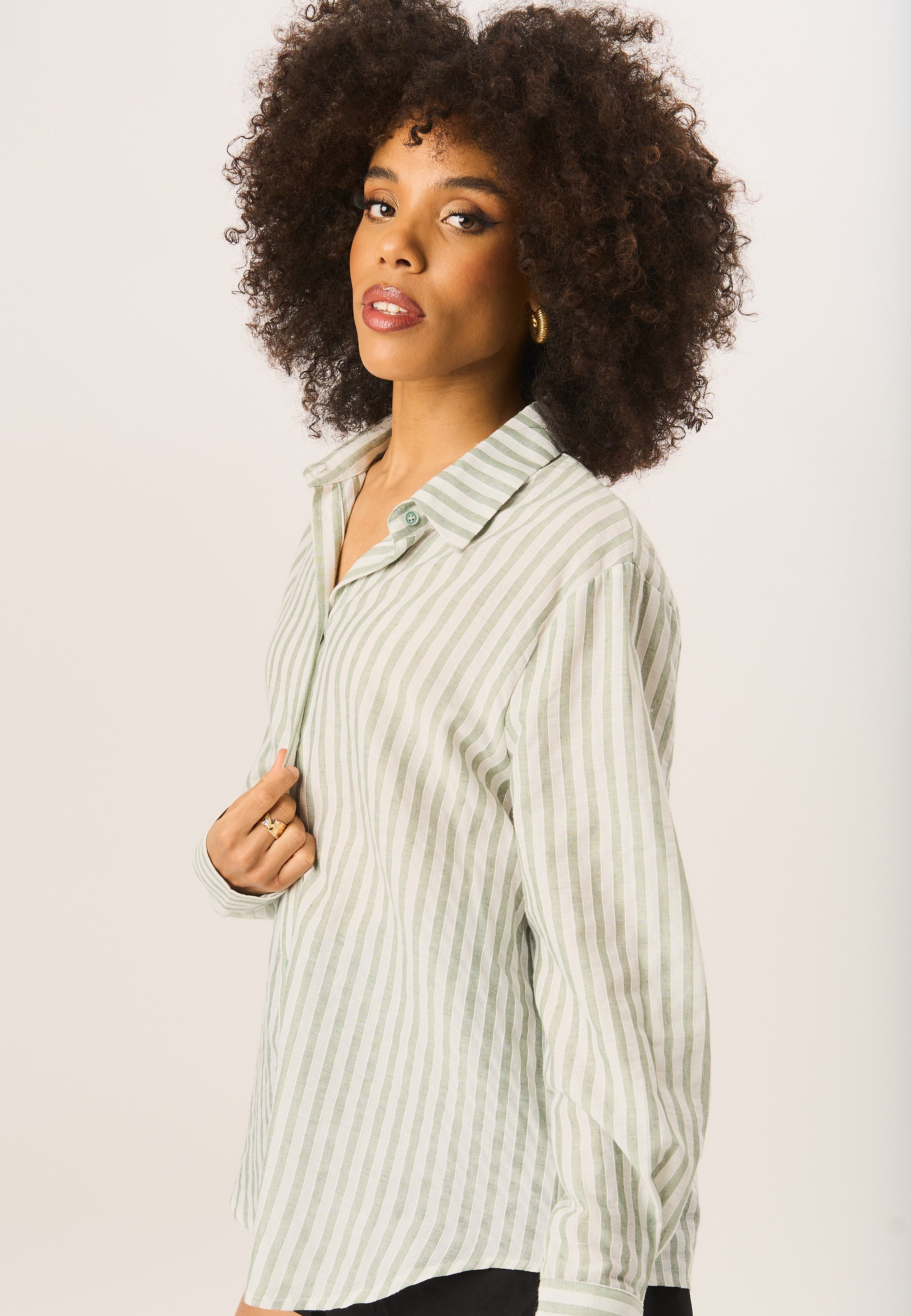 Sage Green Linen Oversized Stripe Shirt