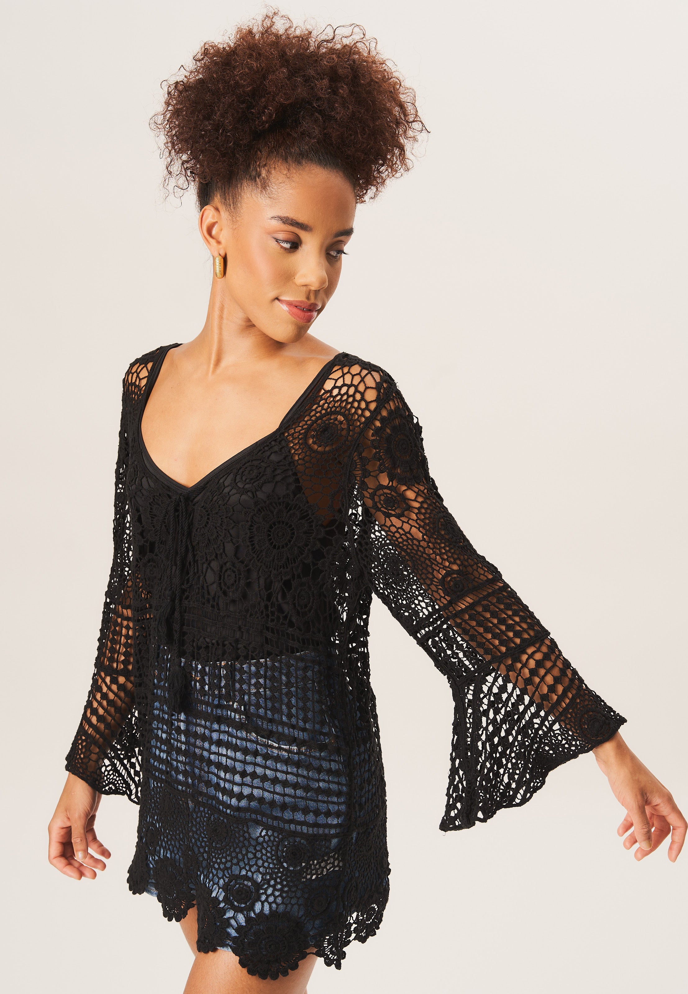 Black Lace up Detail Crochet Knit Top