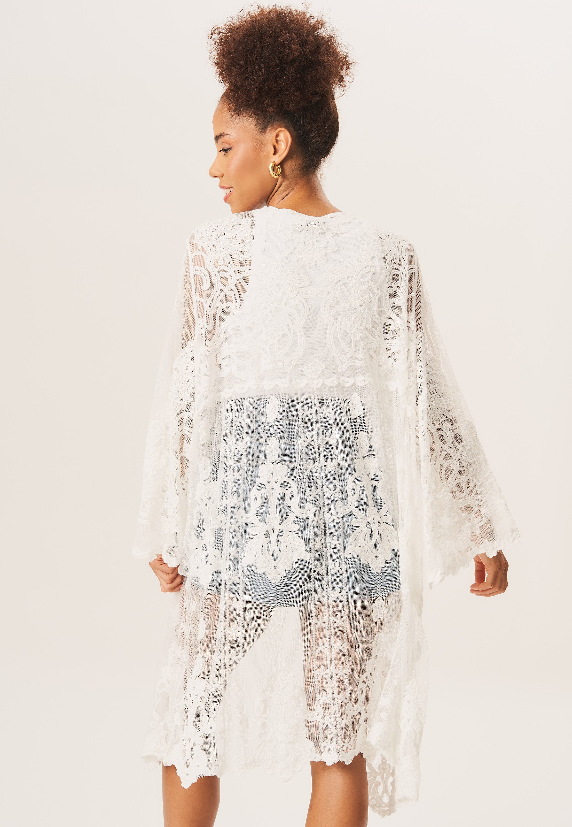 White Embroidered Crochet Kimono Cover Up