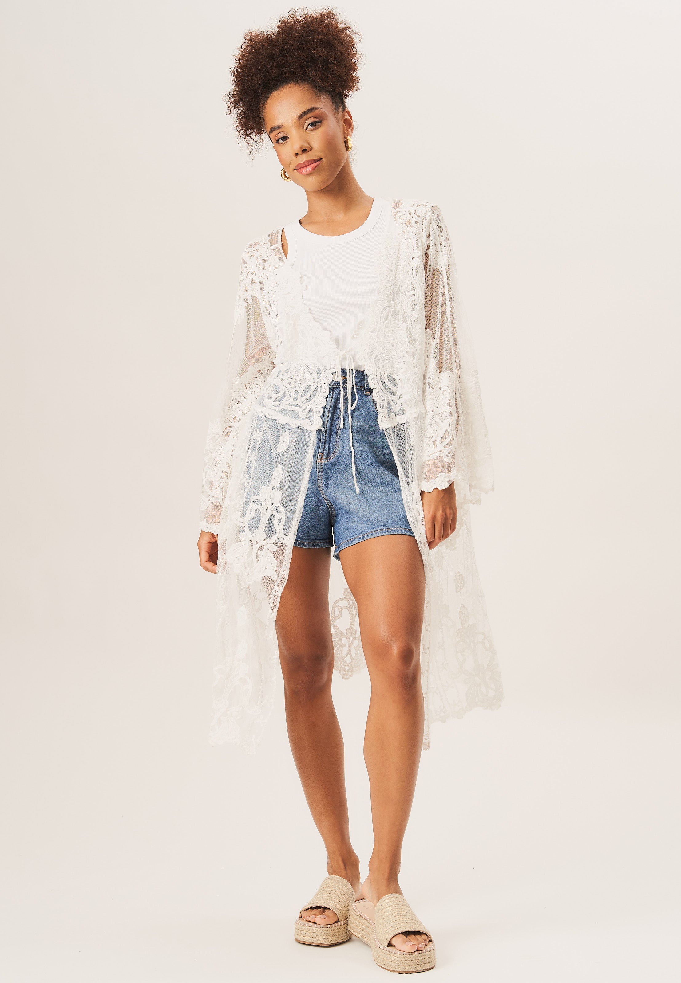 White Embroidered Crochet Kimono Cover Up