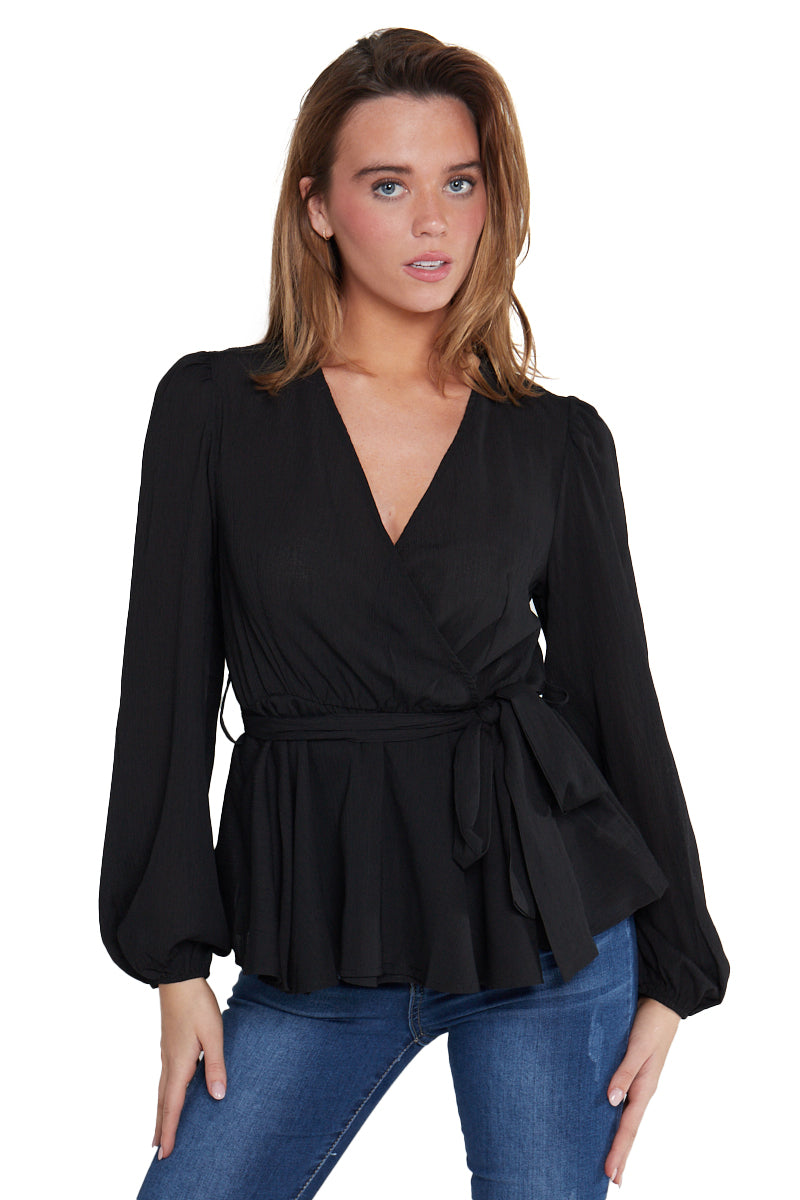 Black Long Sleeve Wrap Belted Top