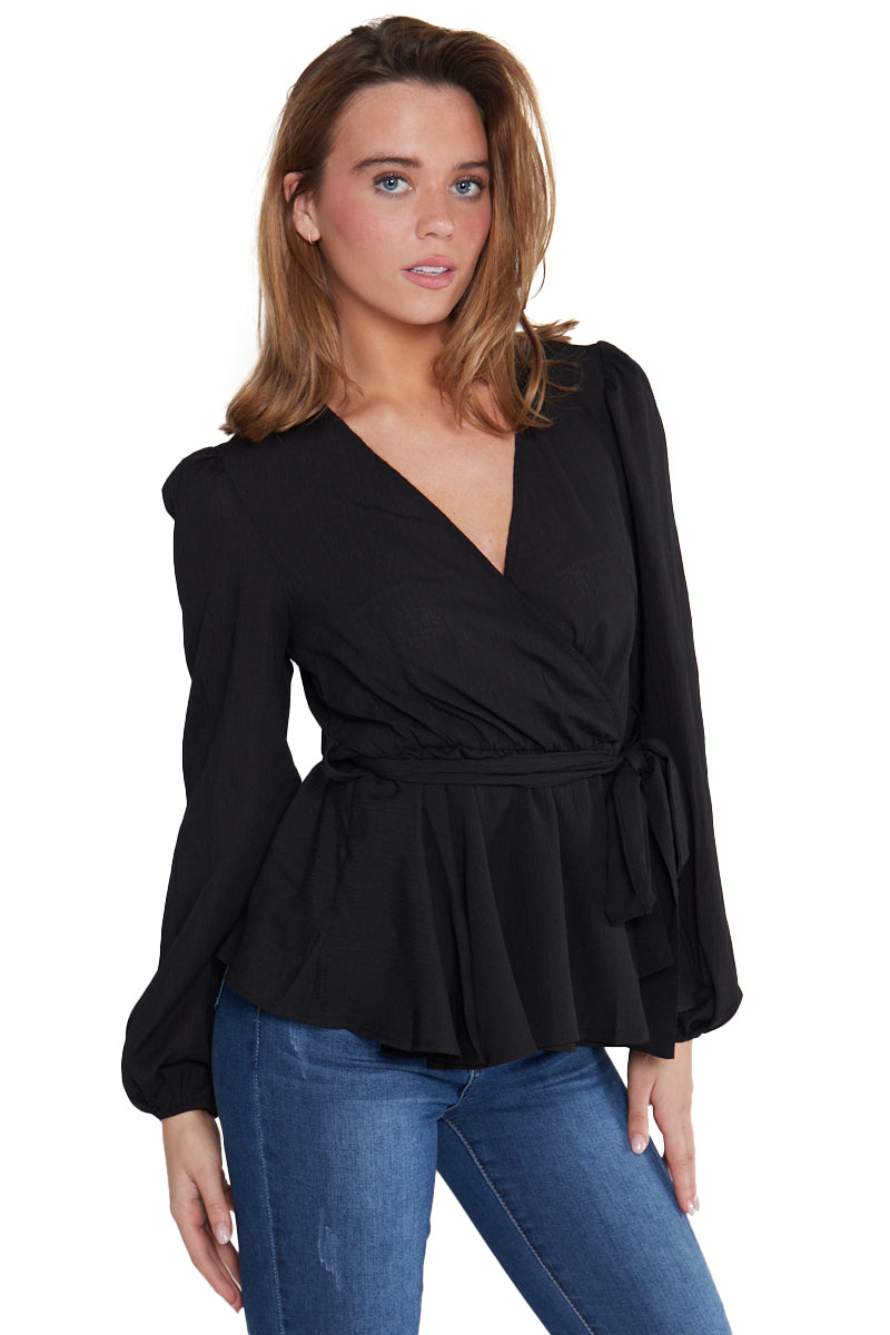 Black Long Sleeve Wrap Belted Top