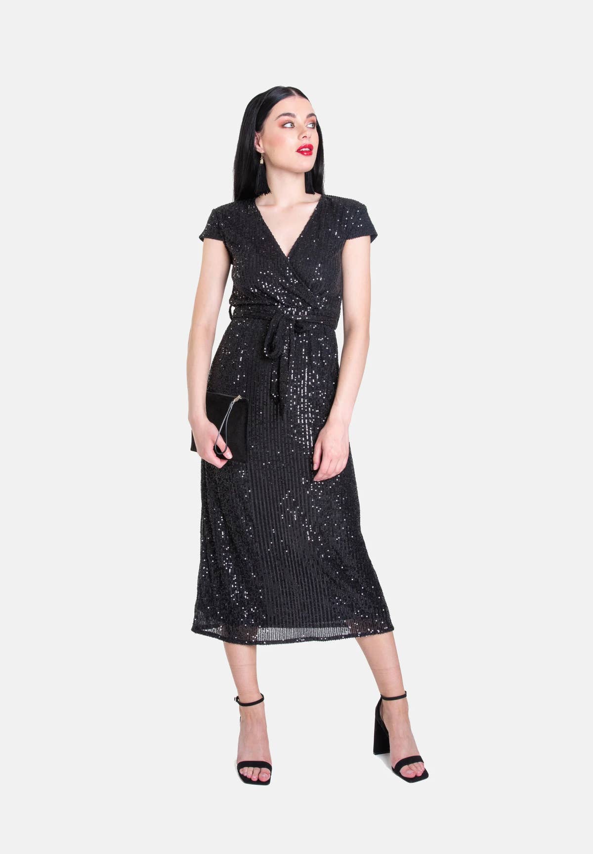 Black Sequin Belted Midi Wrap Dress – View 1 | Gini London