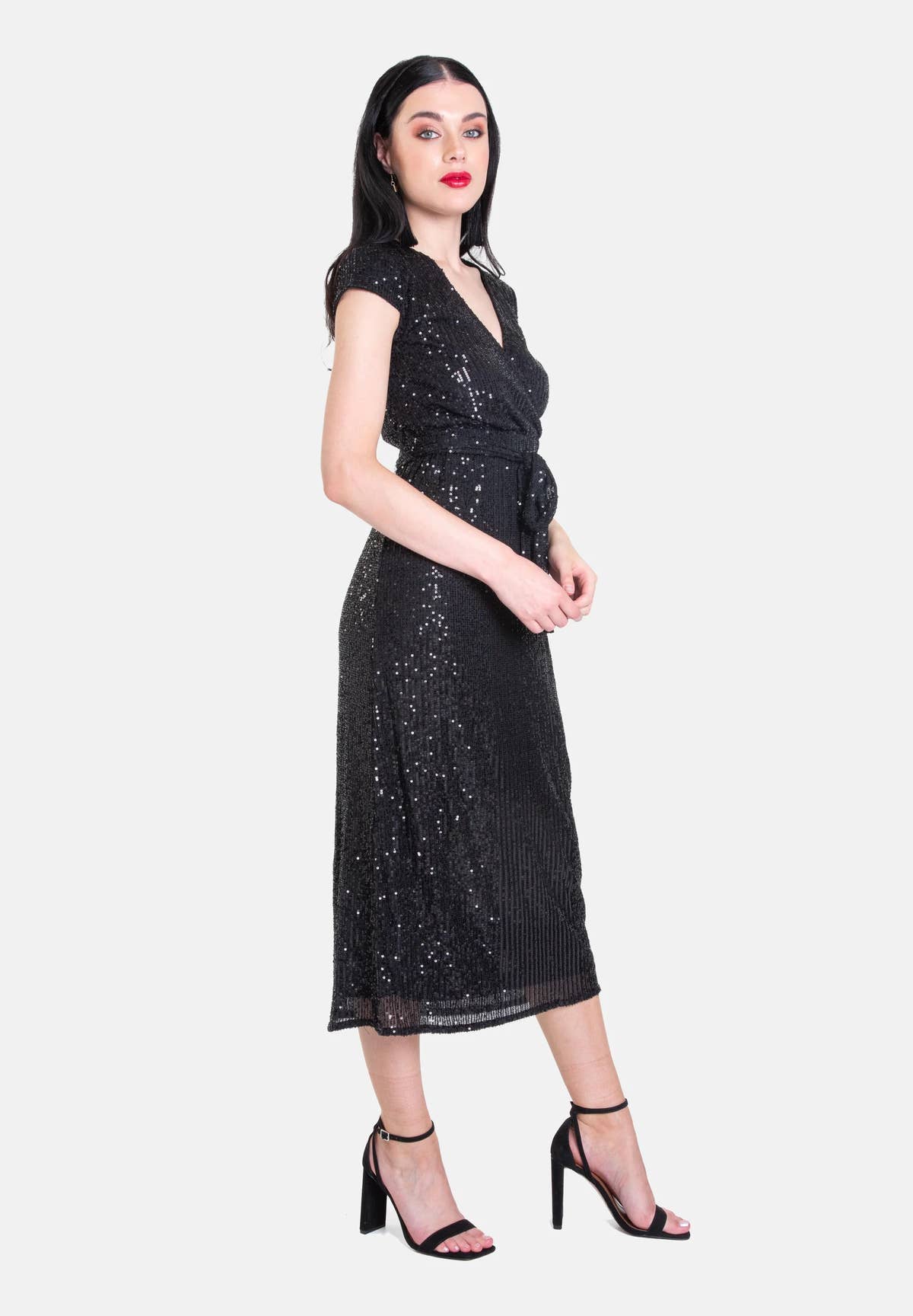 Black Sequin Belted Midi Wrap Dress – View 2 | Gini London