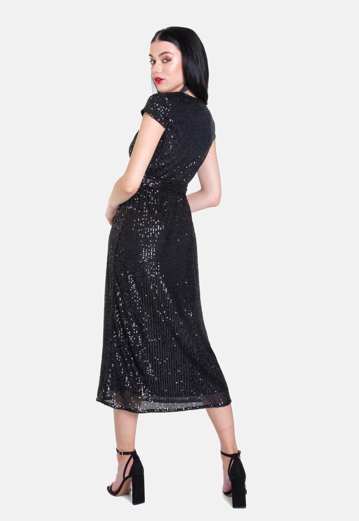 Black Sequin Belted Midi Wrap Dress – View 3 | Gini London