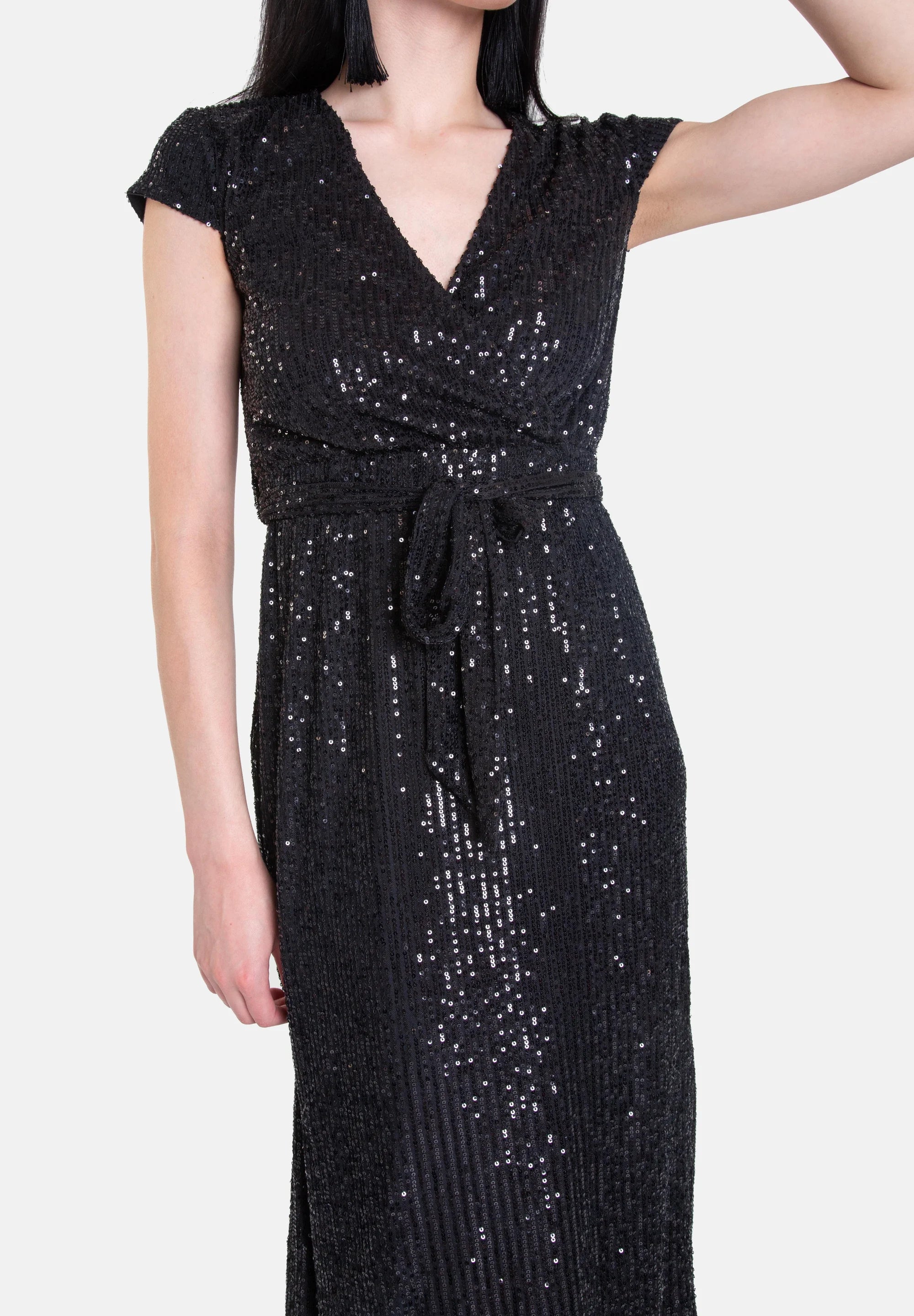 Black Sequin Belted Midi Wrap Dress