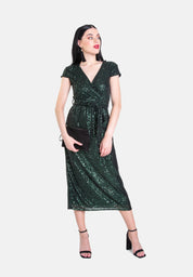 Green Sequin Belted Midi Wrap Dress