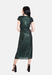 Green Sequin Belted Midi Wrap Dress