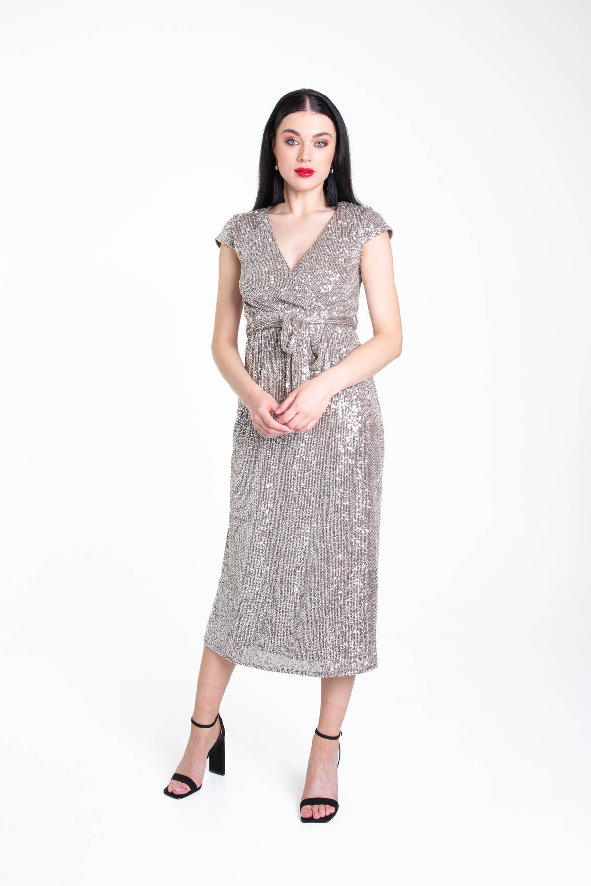 Gun Metal Sequin Belted Midi Wrap Dress – View 1 | Gini London