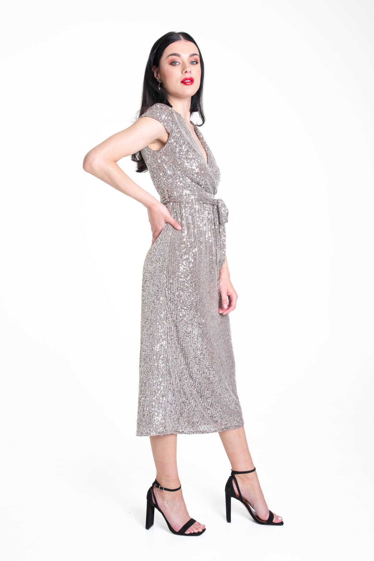 Gun Metal Sequin Belted Midi Wrap Dress – View 3 | Gini London