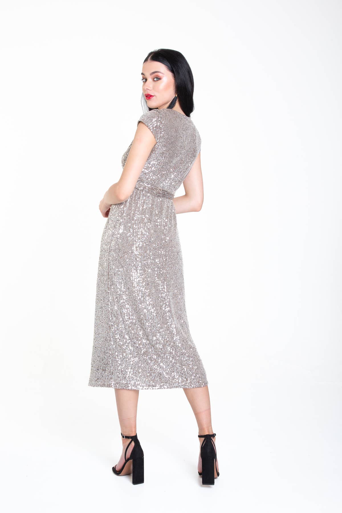 Gun Metal Sequin Belted Midi Wrap Dress – View 4 | Gini London