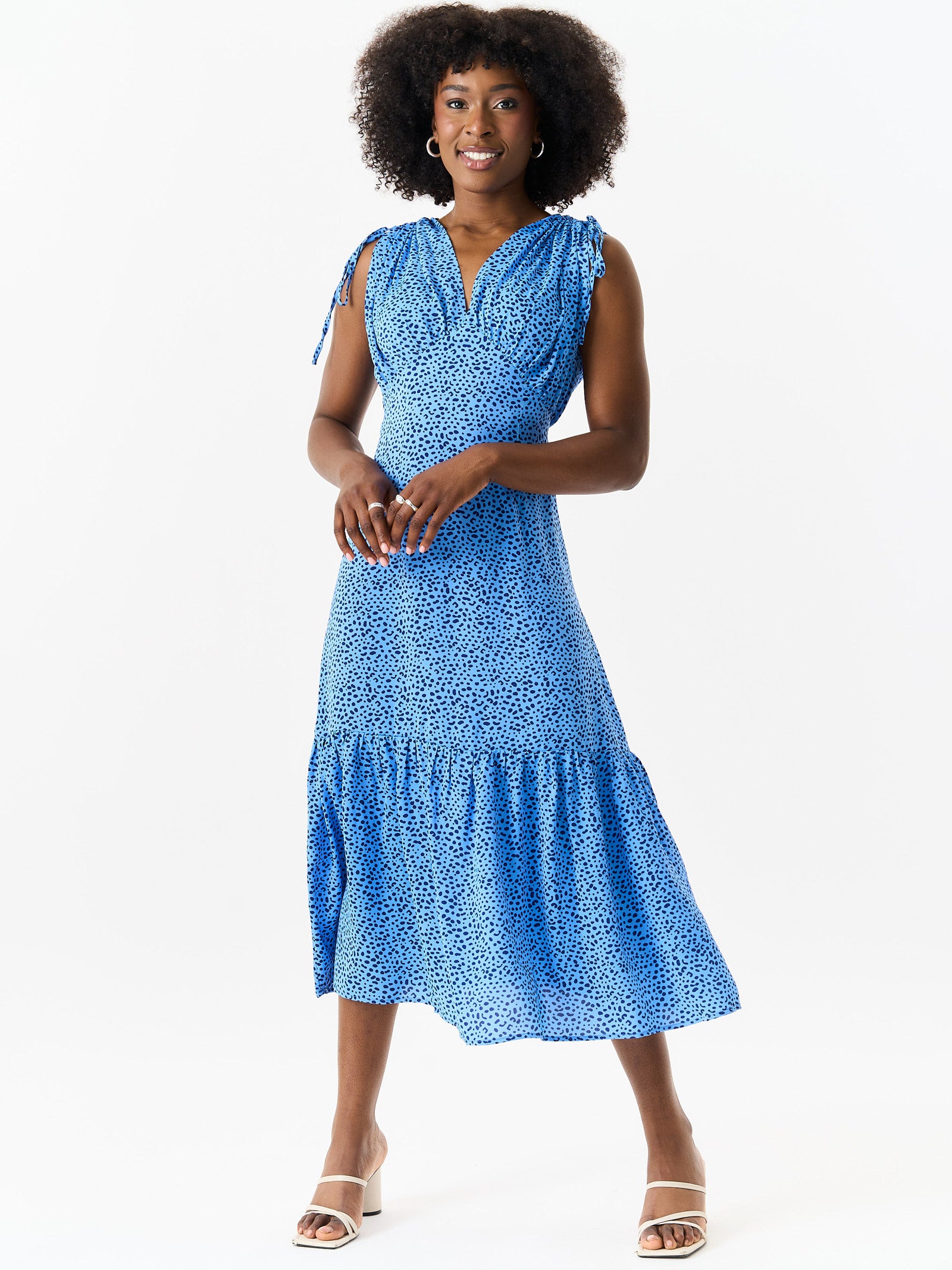 Blue Animal Print Ruched Sleeves Midi Dress