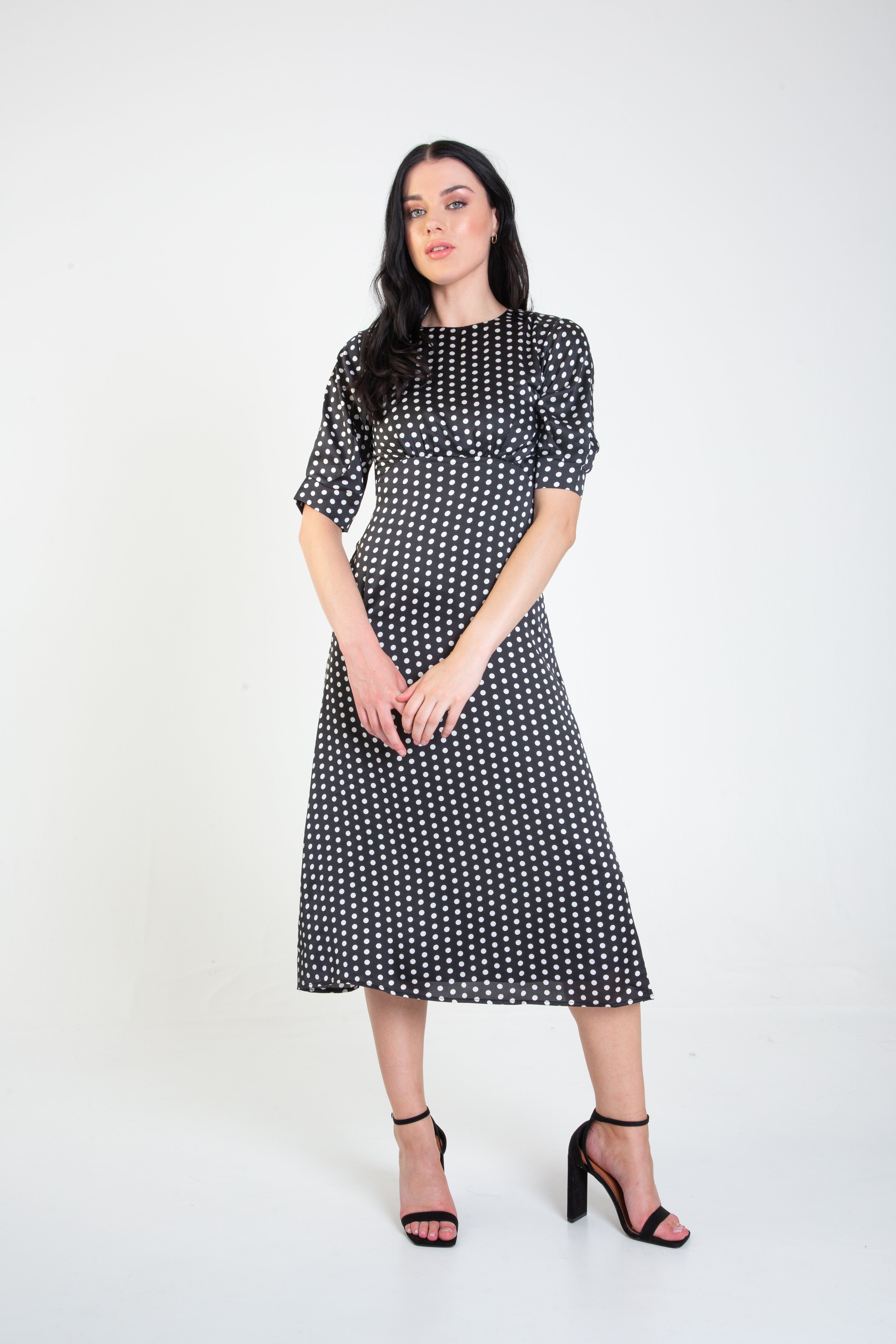 Black Satin Polka Dot Shift Midi Dress