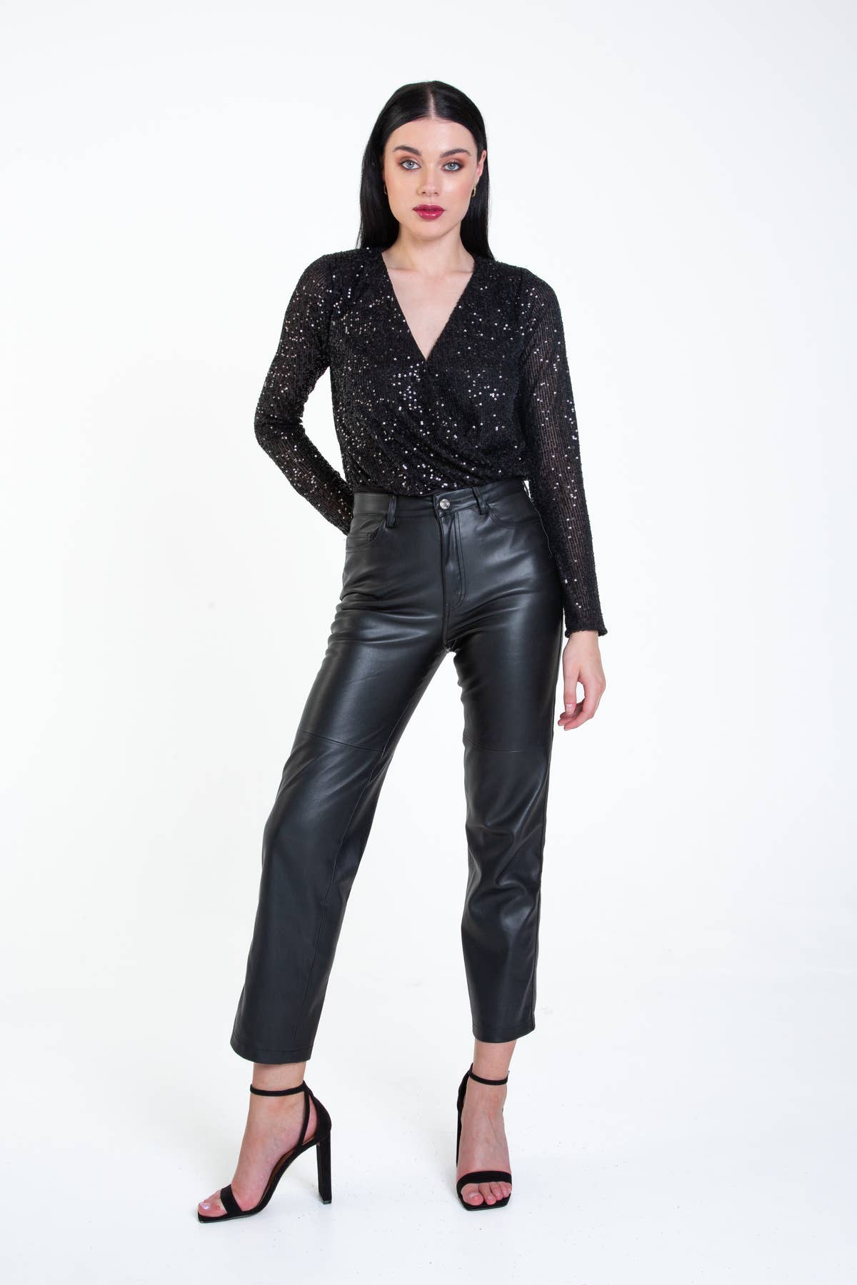 Black Sequin Wrap Long Sleeves Bodysuit – View 3 | Gini London