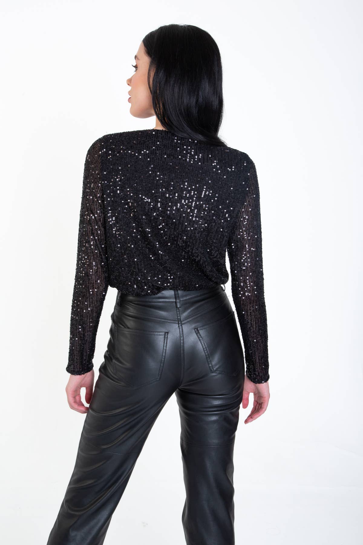 Black Sequin Wrap Long Sleeves Bodysuit – View 4 | Gini London
