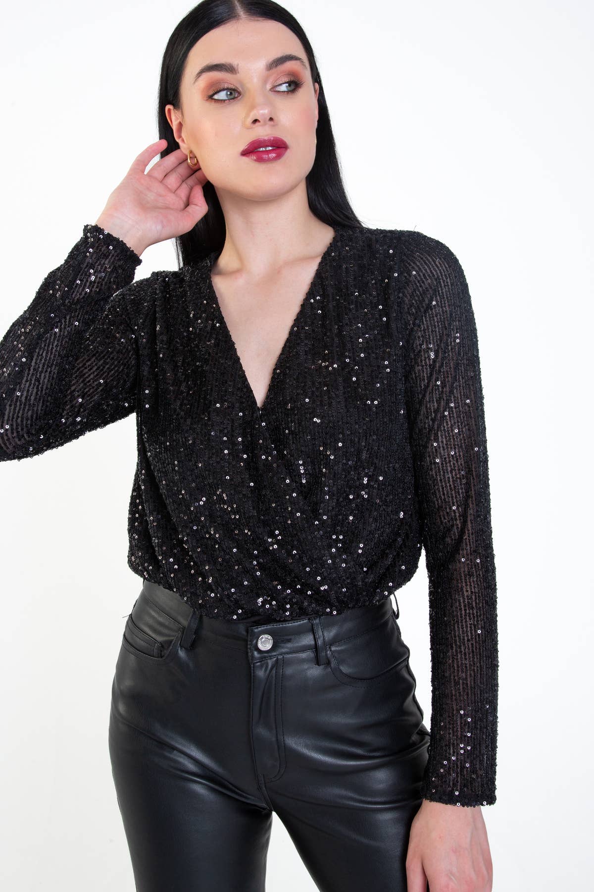 Black Sequin Wrap Long Sleeves Bodysuit – View 1 | Gini London