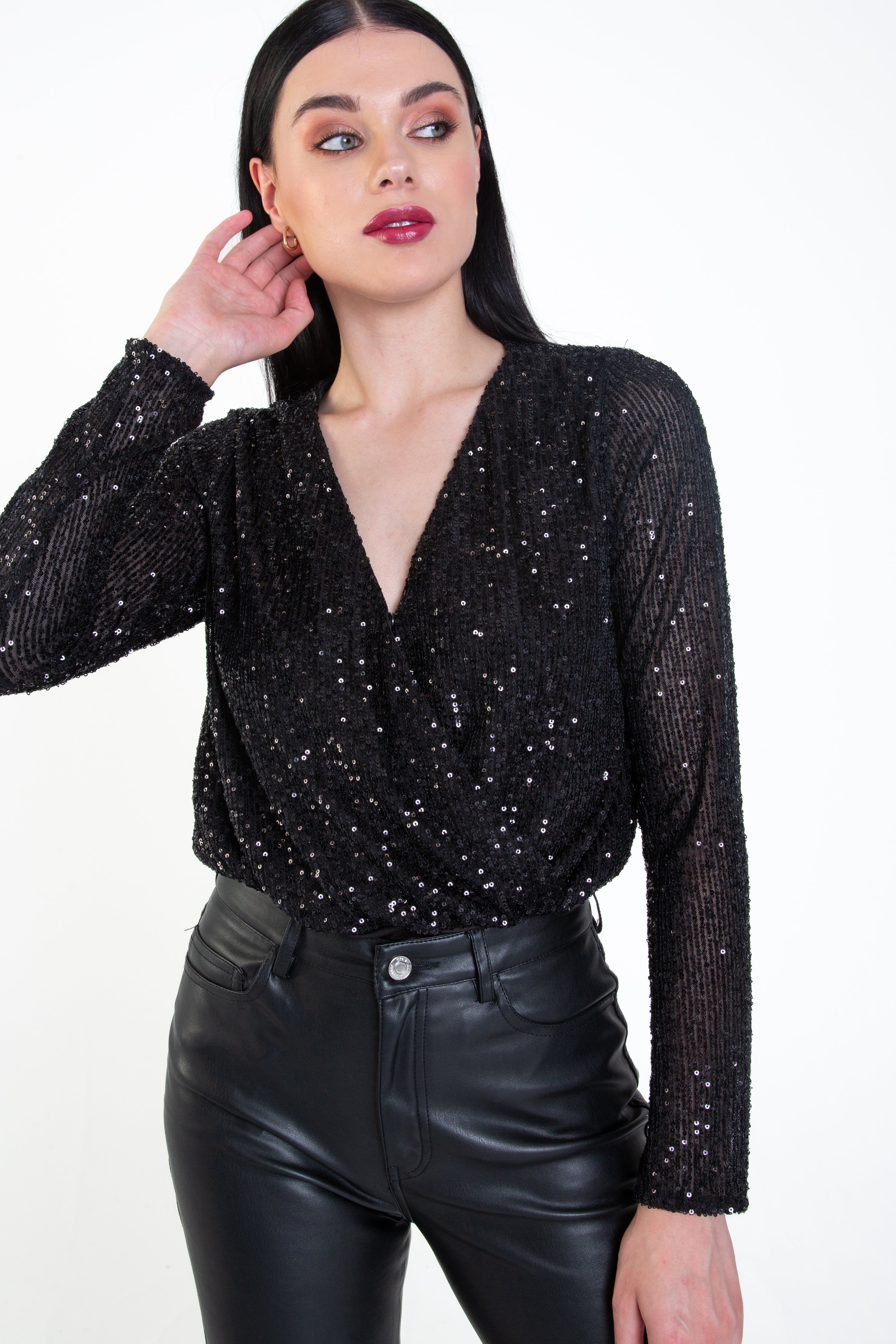 Black Sequin Wrap Long Sleeves Bodysuit