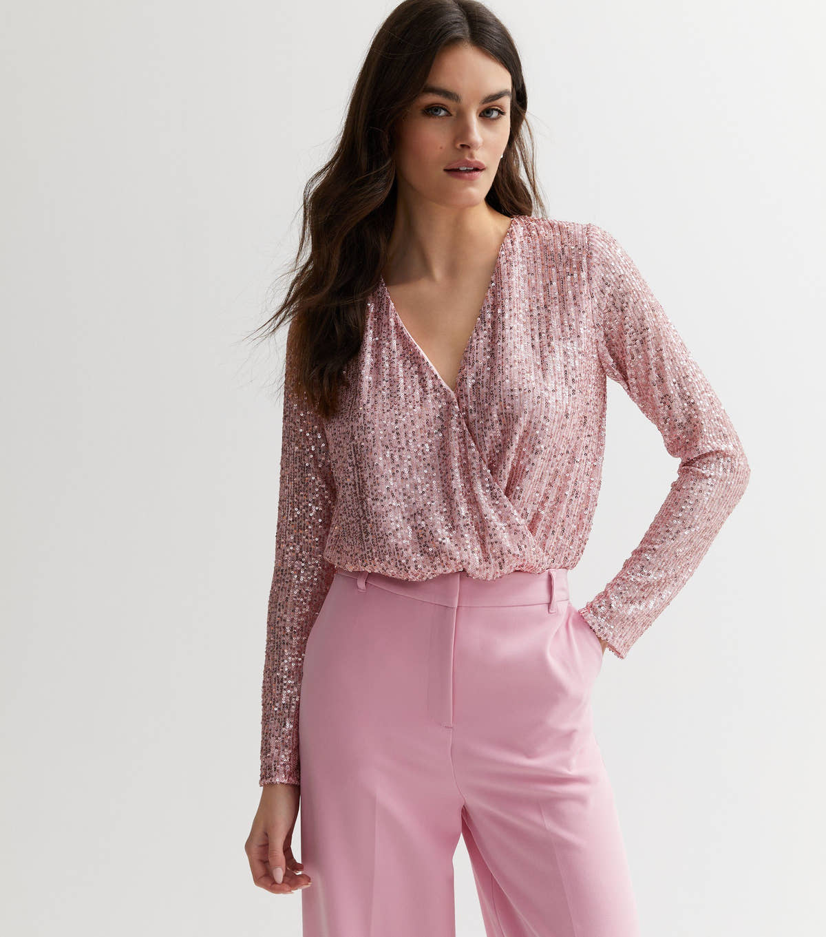 Blush Sequin Wrap Long Sleeve Bodysuit – View 1 | Gini London