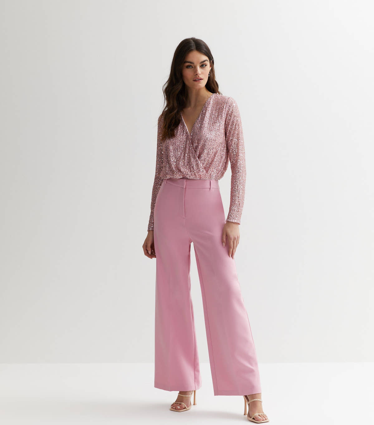 Blush Sequin Wrap Long Sleeve Bodysuit – View 4 | Gini London